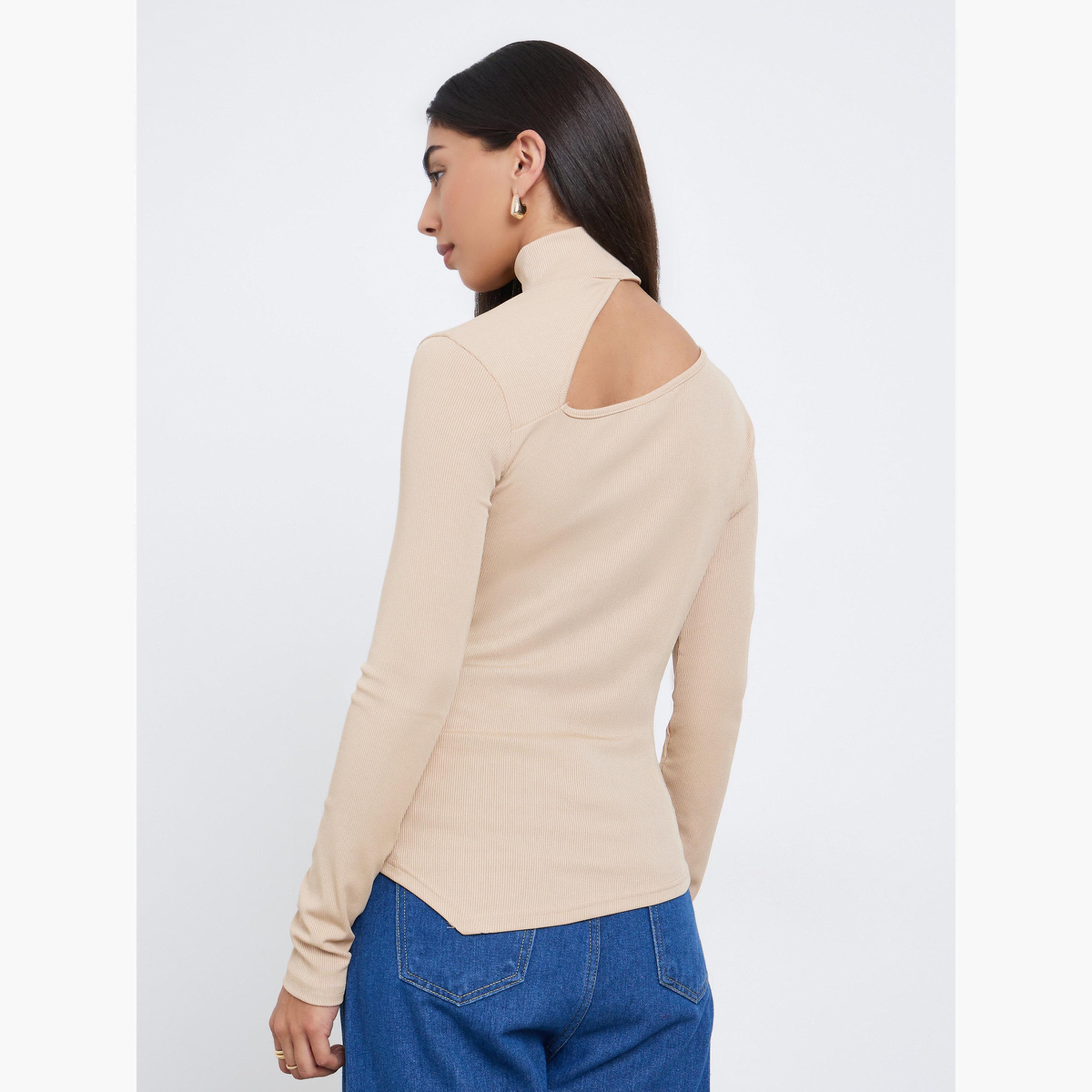 ستايلي - بلوزة محبوكة لون بيج مع تفاصيل مقصوصة-women-clothing-tshirts-image-5