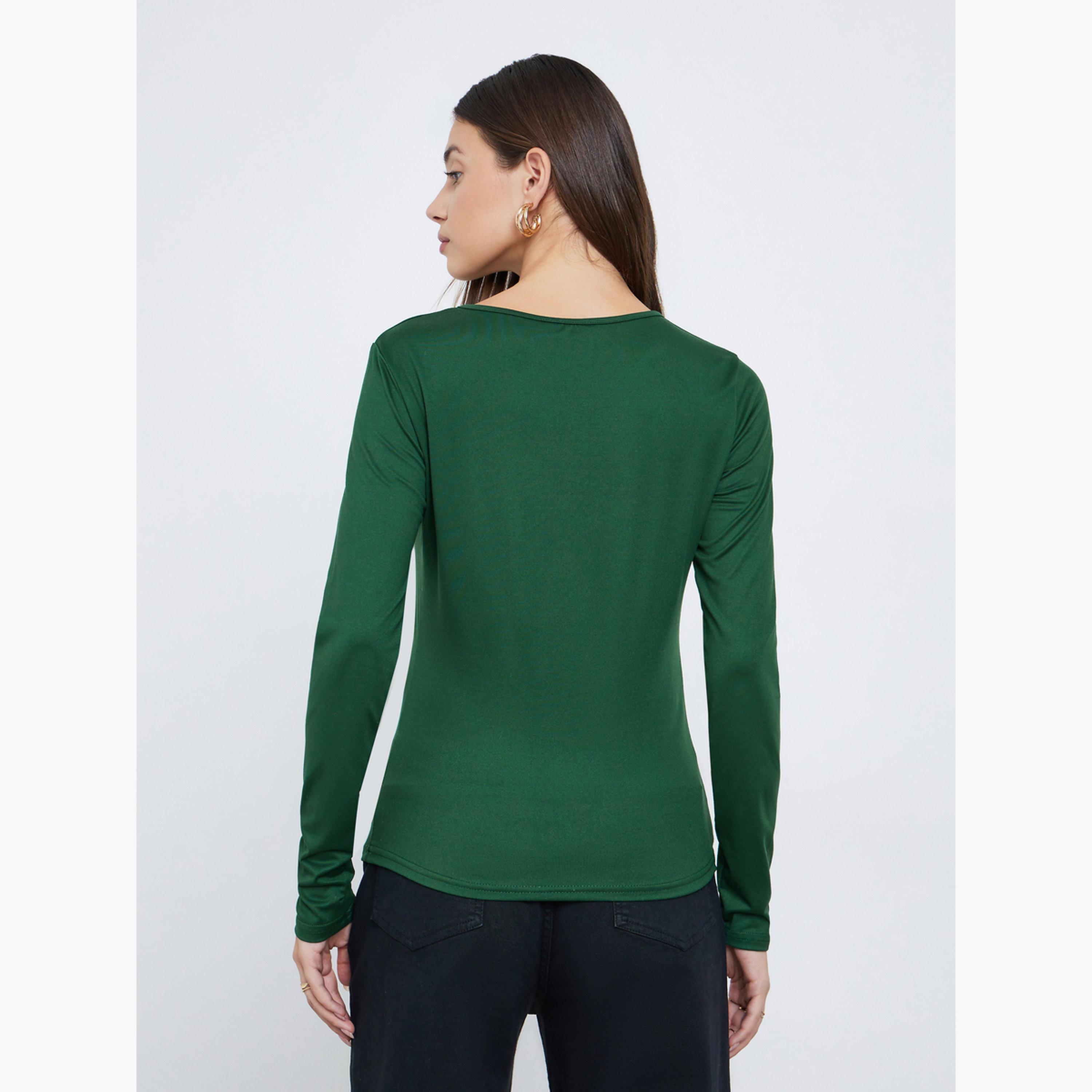 Styli Green Keyhole Detail Fitted Knit Top-women-clothing-shirtsandblouses-shirts-image-5