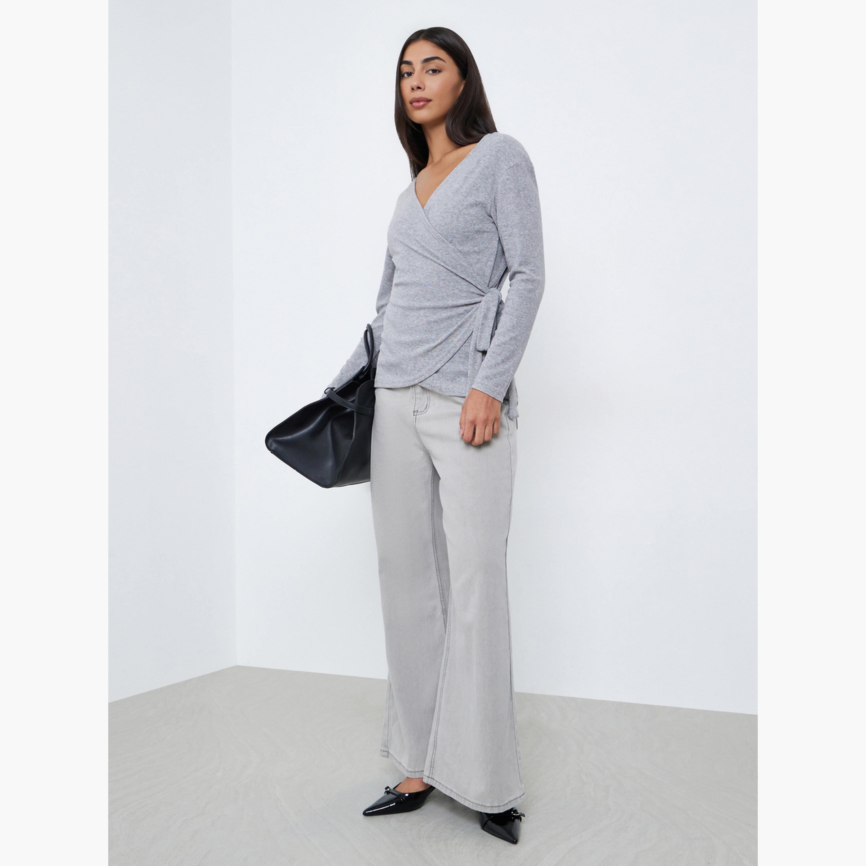 Styli Grey Plain Long Sleeve Wrap Knit Top-women-clothing-shirtsandblouses-blouses-image-2