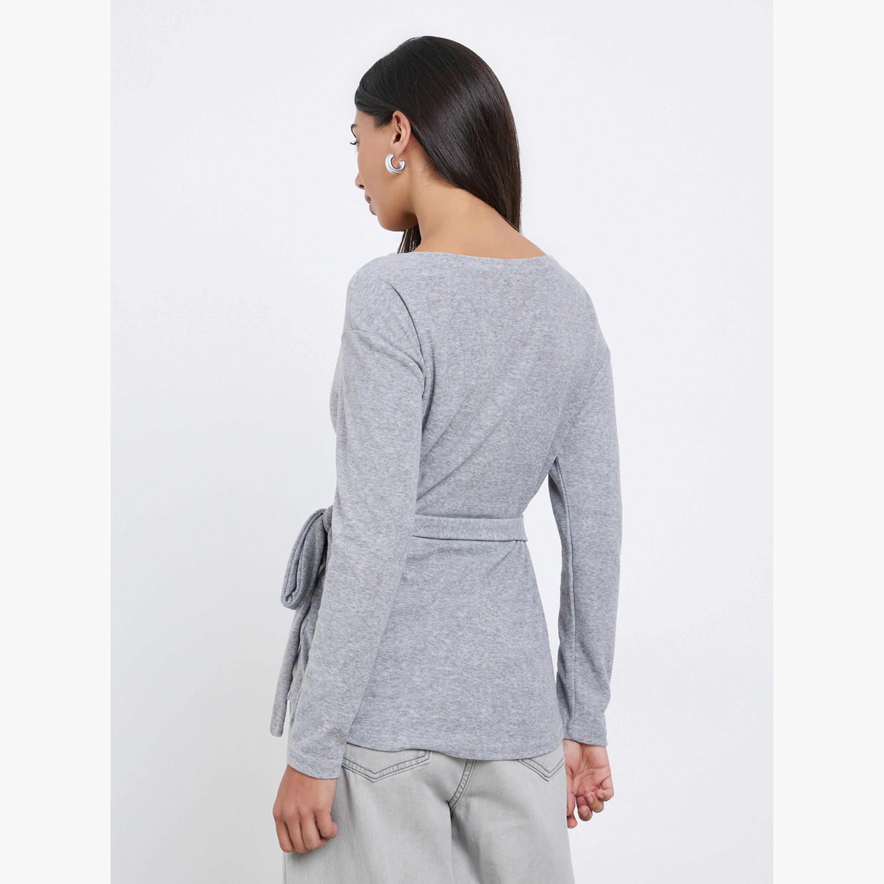 ستايلي - بلوزة رمادية سادة بأكمام طويلة ومحبوكة-women-clothing-shirtsandblouses-blouses-image-5