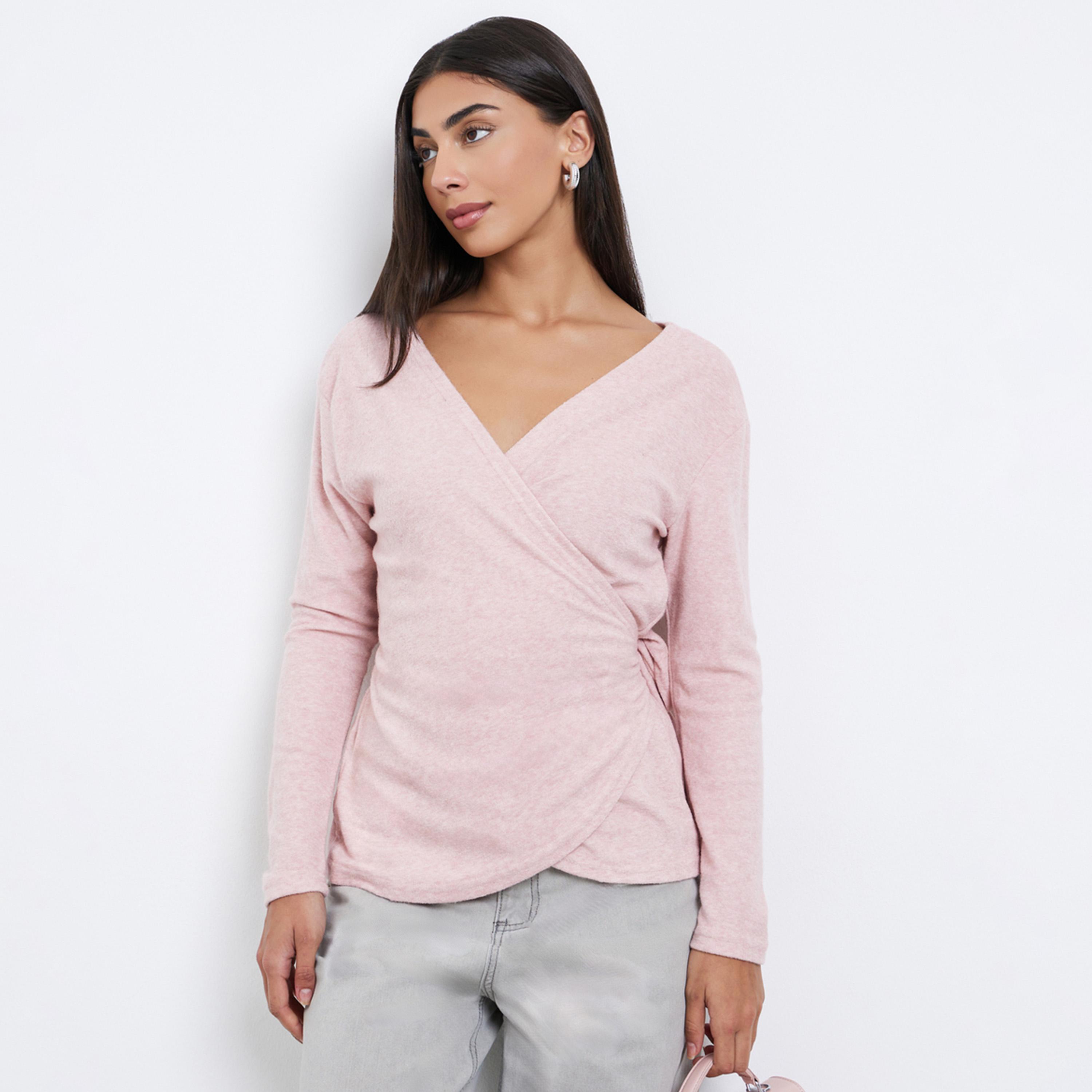 Styli Pink Plain Long Sleeve Wrap Knit Top-women-clothing-shirtsandblouses-blouses-image-1