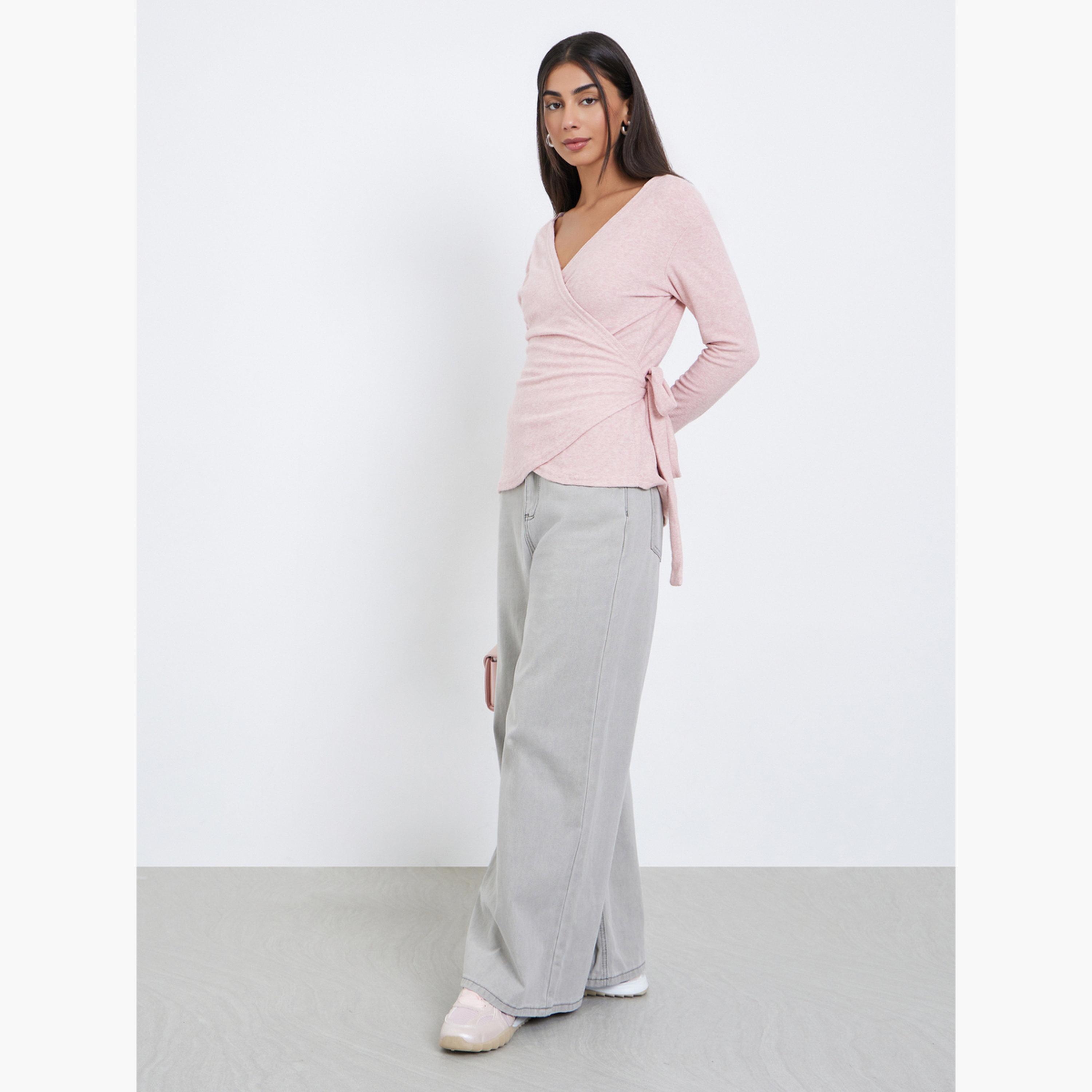 Styli Pink Plain Long Sleeve Wrap Knit Top-women-clothing-shirtsandblouses-blouses-image-2