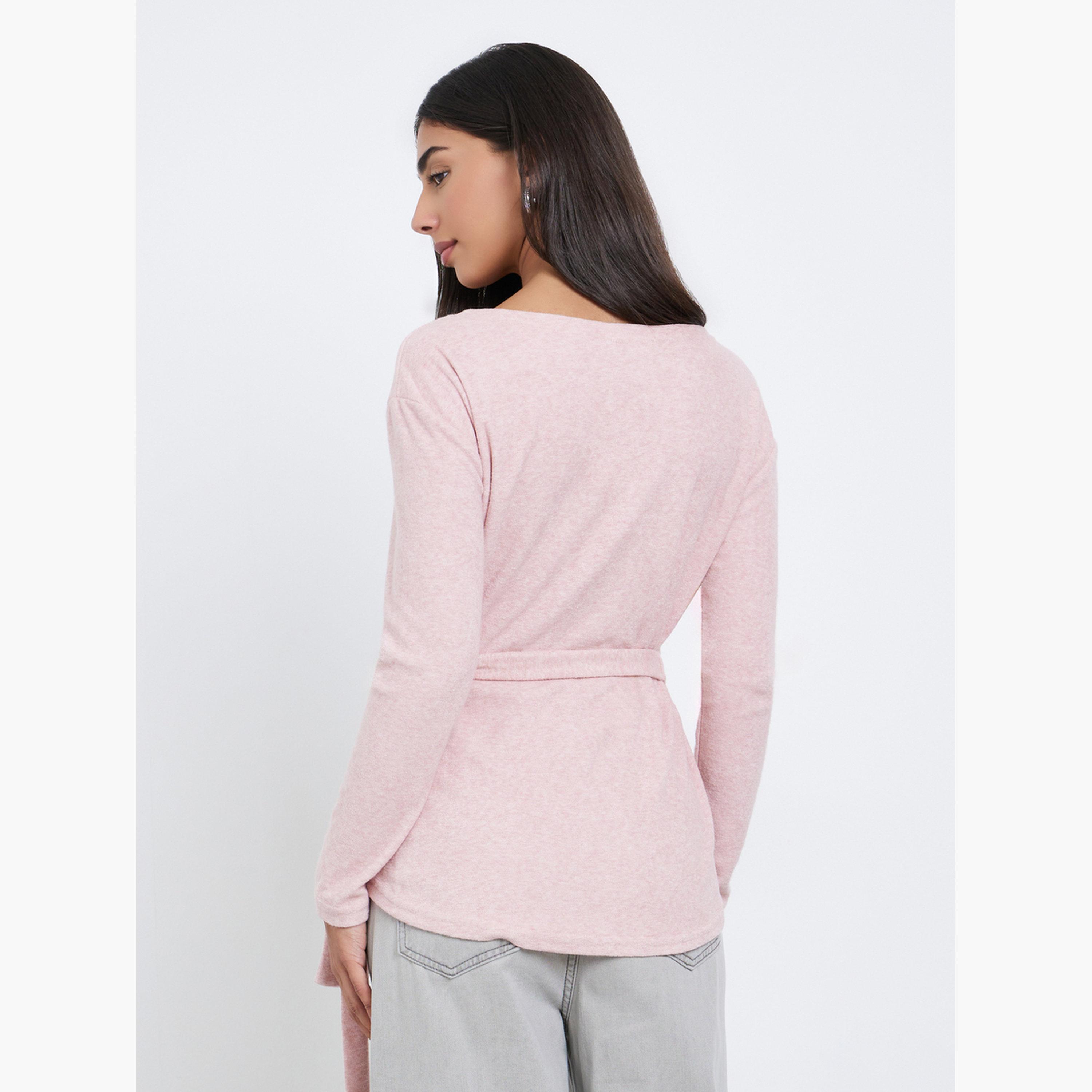 Styli Pink Plain Long Sleeve Wrap Knit Top-women-clothing-shirtsandblouses-blouses-image-5