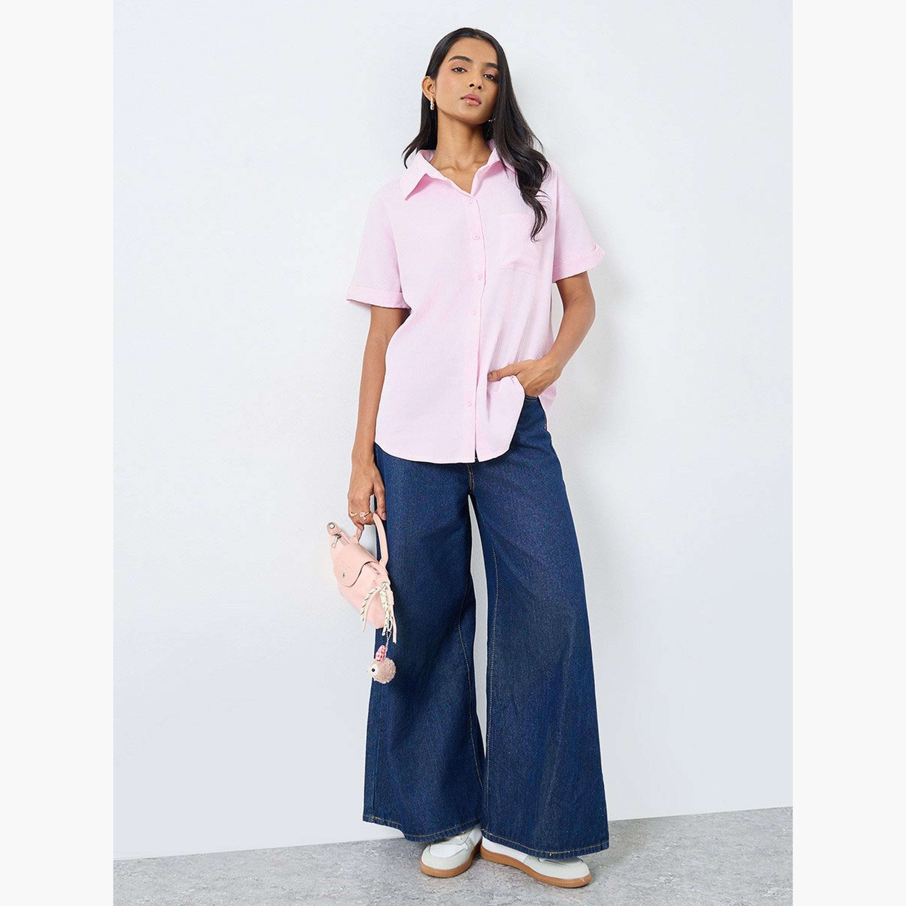 تيك تو - قميص وردي مخطط بأكمام قصيرة-women-clothing-shirtsandblouses-shirts-image-1