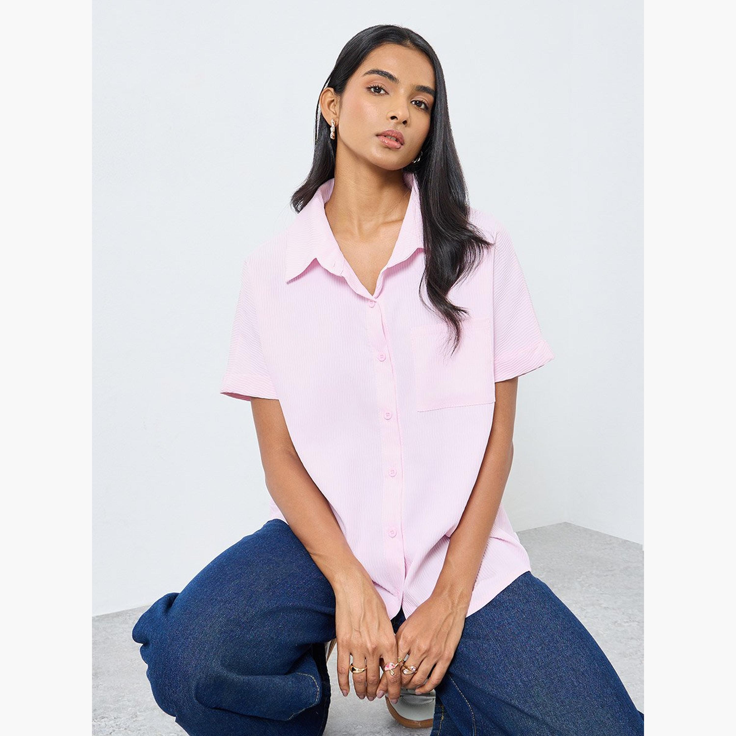 تيك تو - قميص وردي مخطط بأكمام قصيرة-women-clothing-shirtsandblouses-shirts-image-2