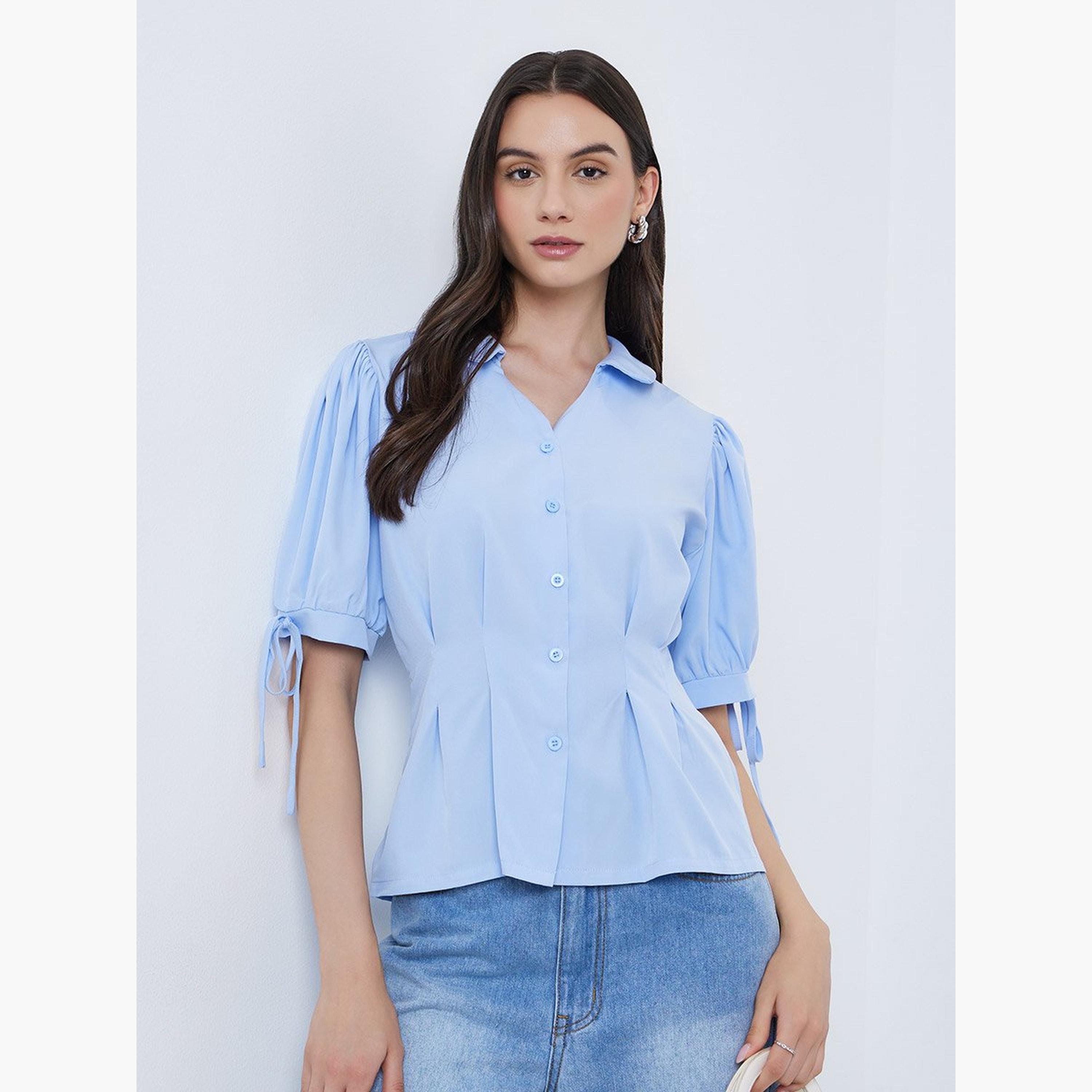 Take Two Puff Sleeve Pleated Detail Buttoned Shirt-women-clothing-shirtsandblouses-shirts-image-1