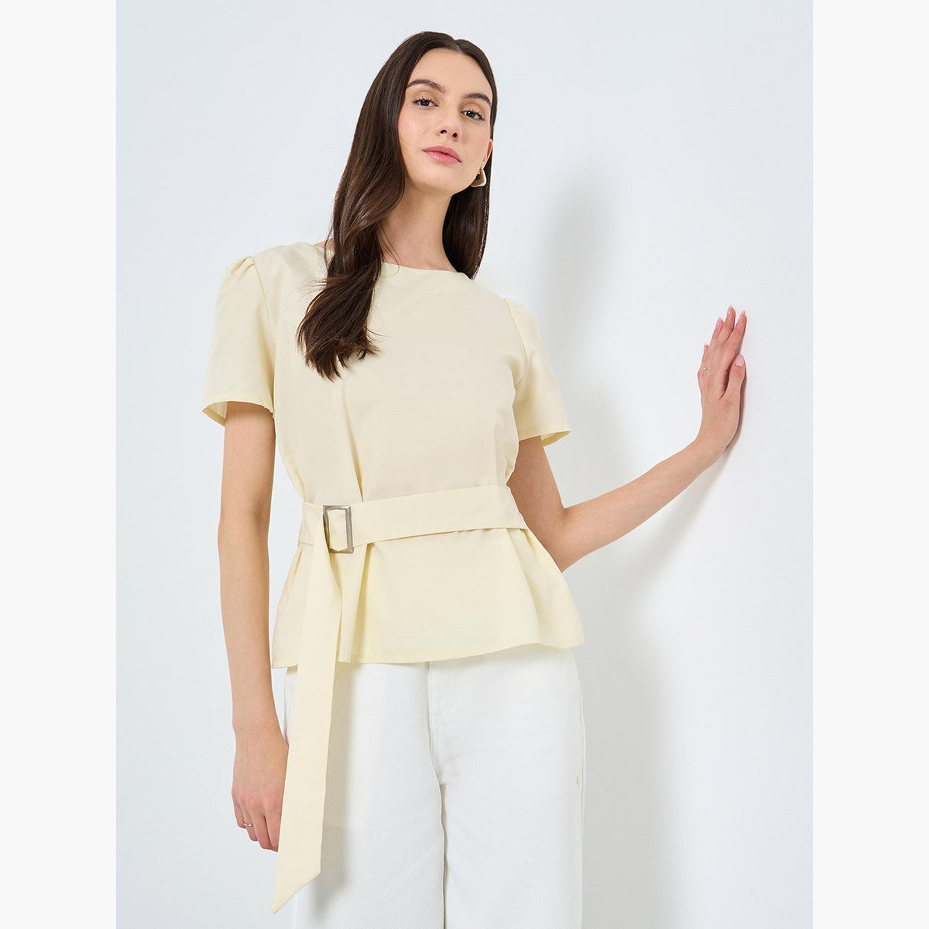 Take Two Solid Puff Sleeves Top with Belt-women-clothing-shirtsandblouses-blouses-image-1
