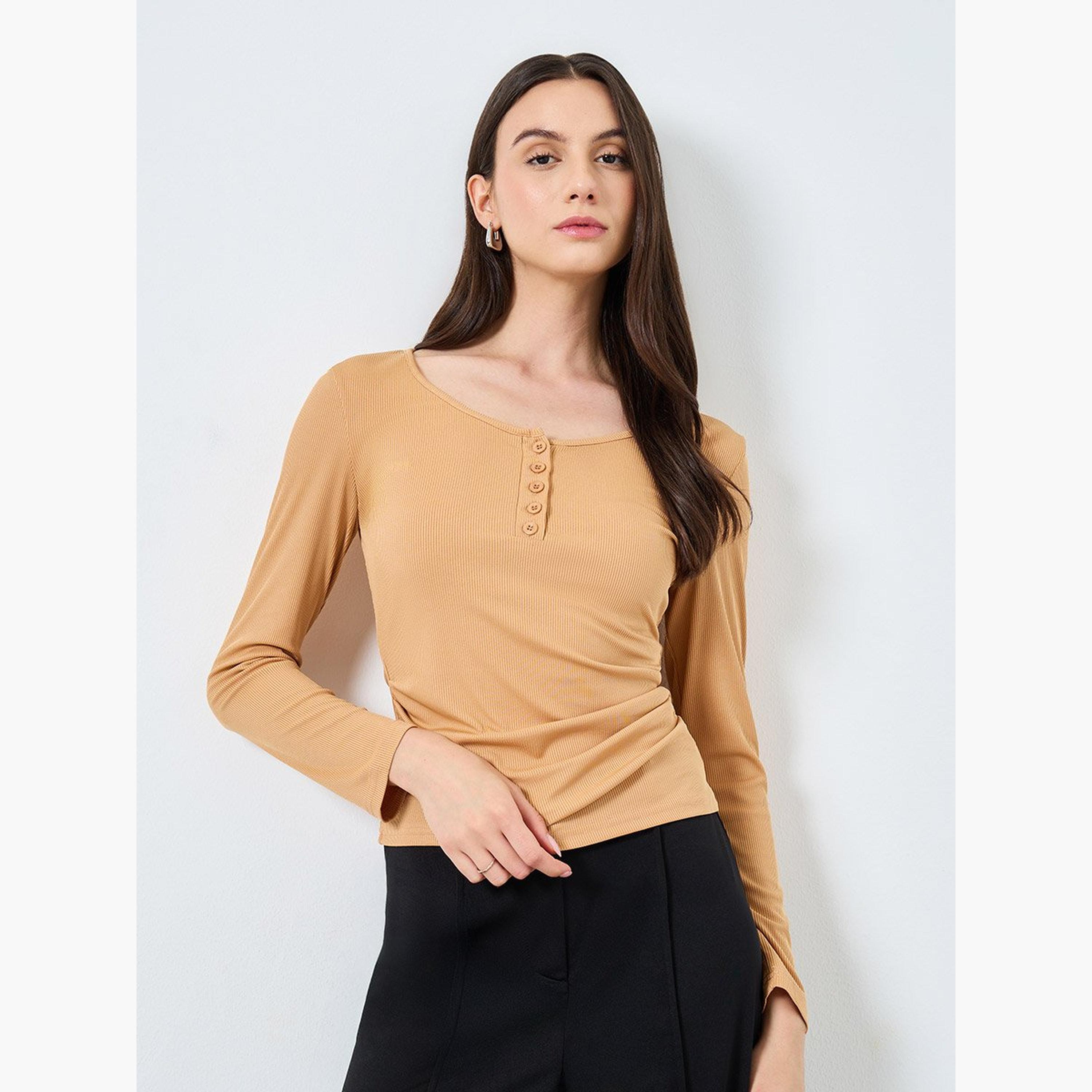 Take Two Crew Neck Buttoned Ribbed Knit Top-women-clothing-tshirts-image-1