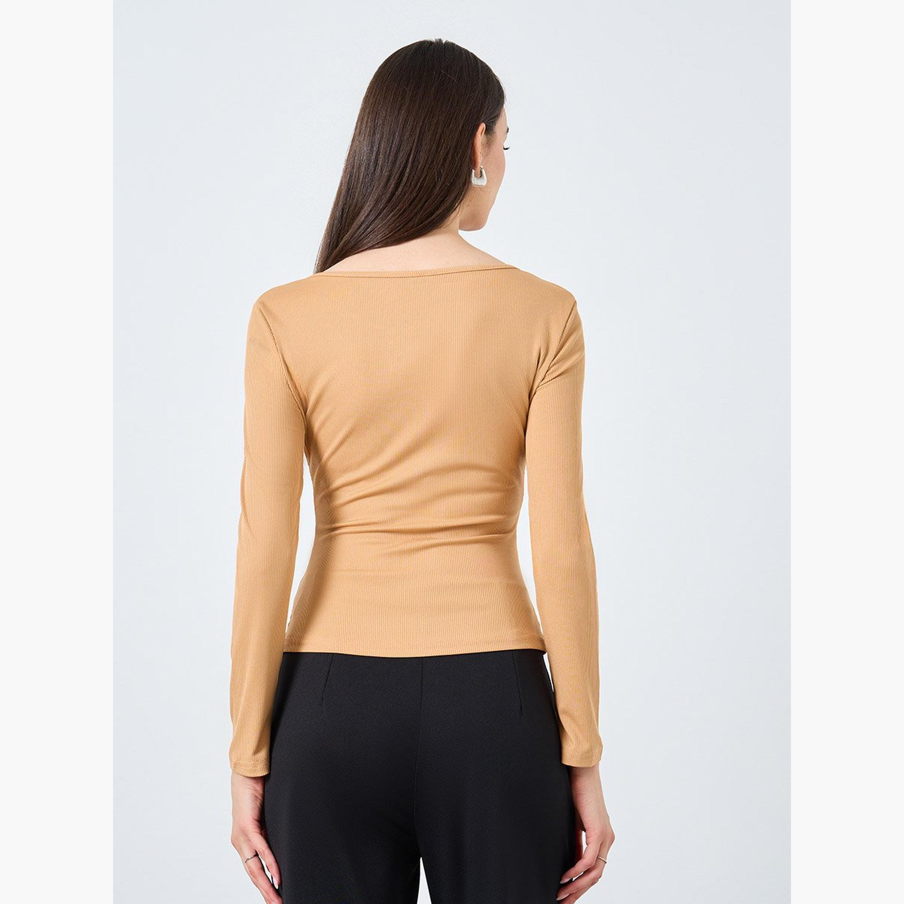 تيك تو - بلوزة محبوكة مضلعة بأزرار وفتحة رقبة دائرية-women-clothing-tshirts-image-4