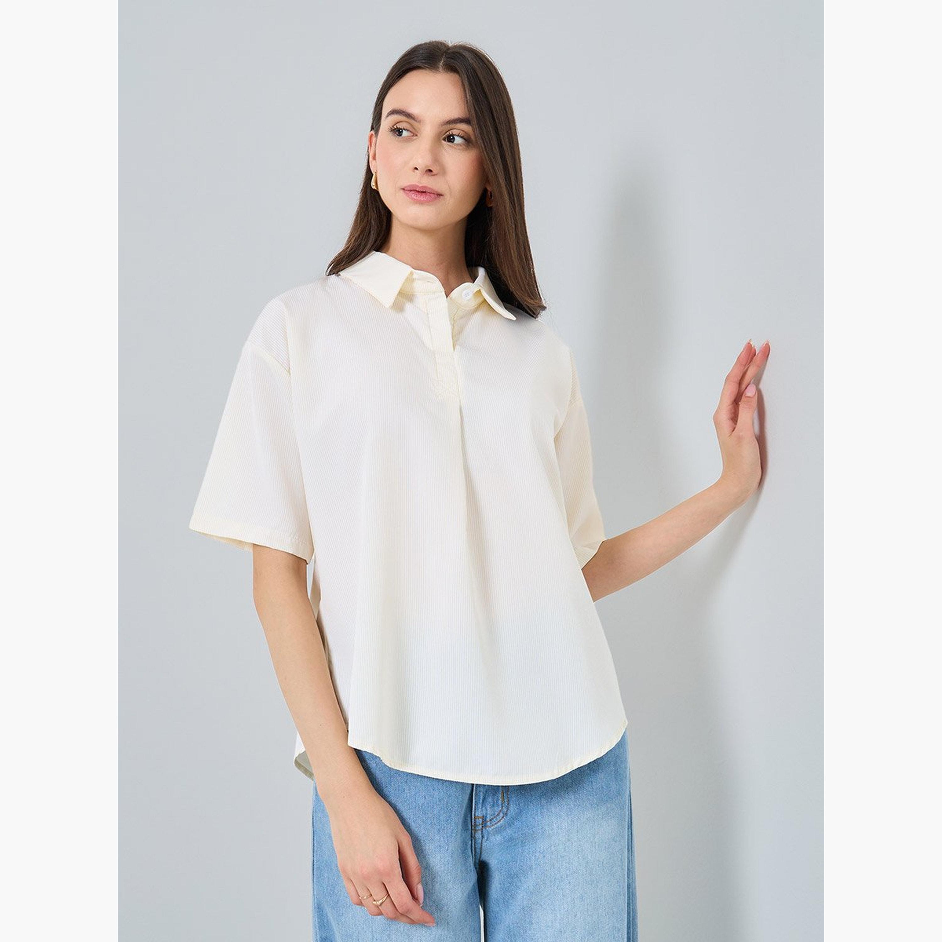 تيك تو - بلوزة مقاس كبير ياقة واسعة وأكمام قصيرة-women-clothing-shirtsandblouses-blouses-image-1