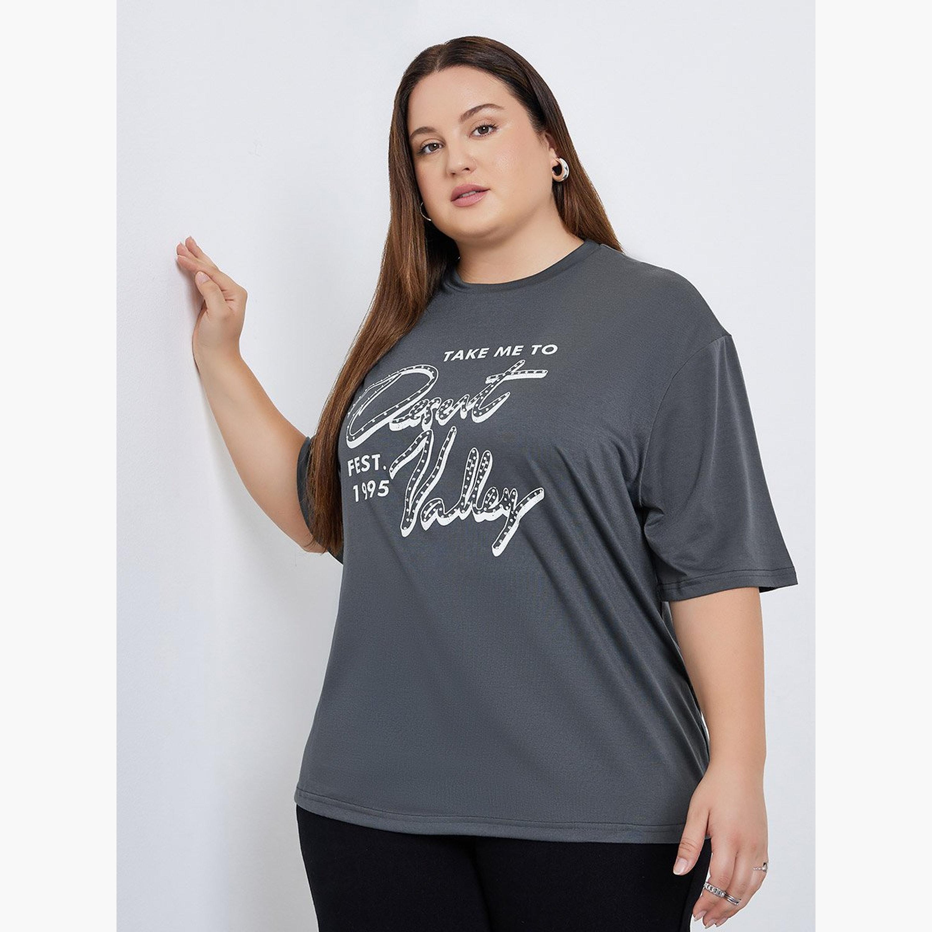 Styli Plus Size Grey Graphic Print T-Shirt-women-clothing-tshirts-image-1