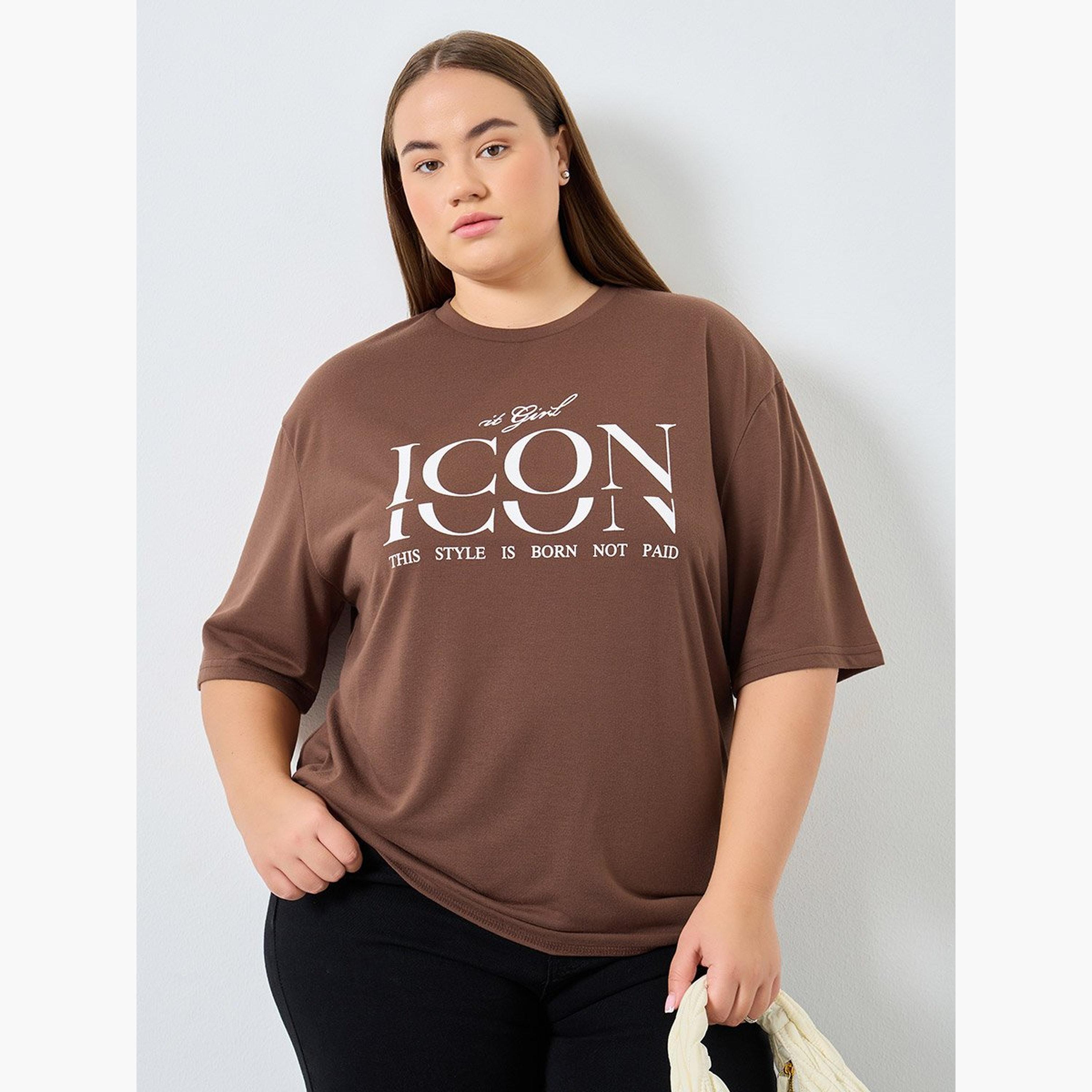 Styli Plus Size Brown Graphic Print T-Shirt-women-clothing-tshirts-image-1