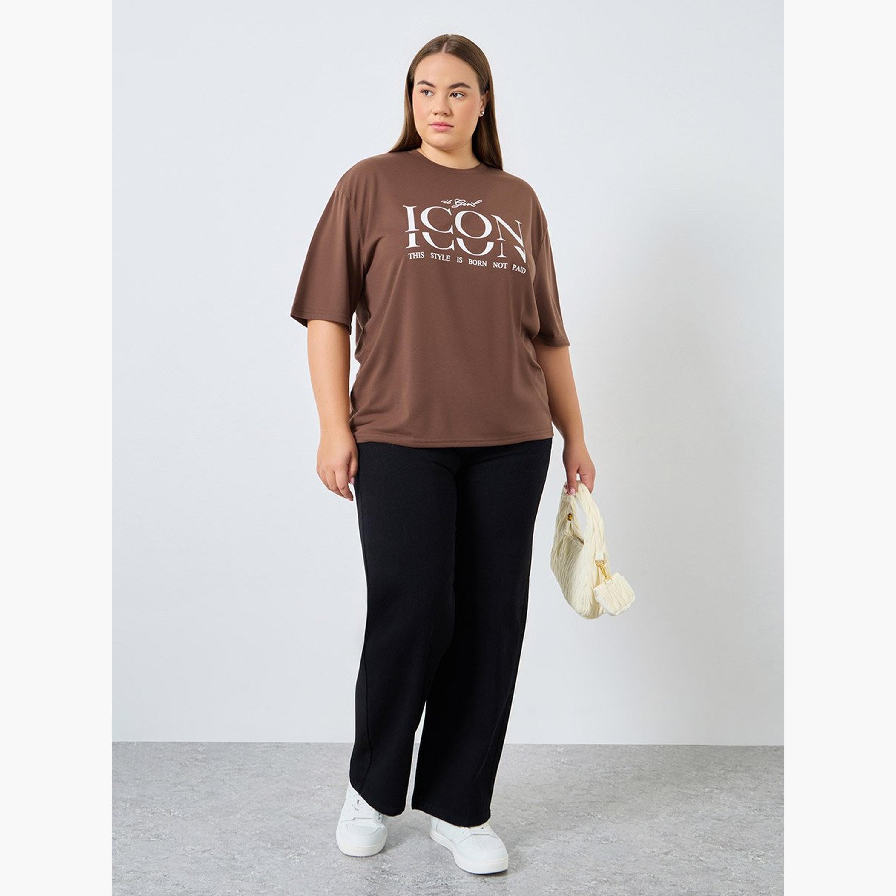 Styli Plus Size Brown Graphic Print T-Shirt-women-clothing-tshirts-image-2