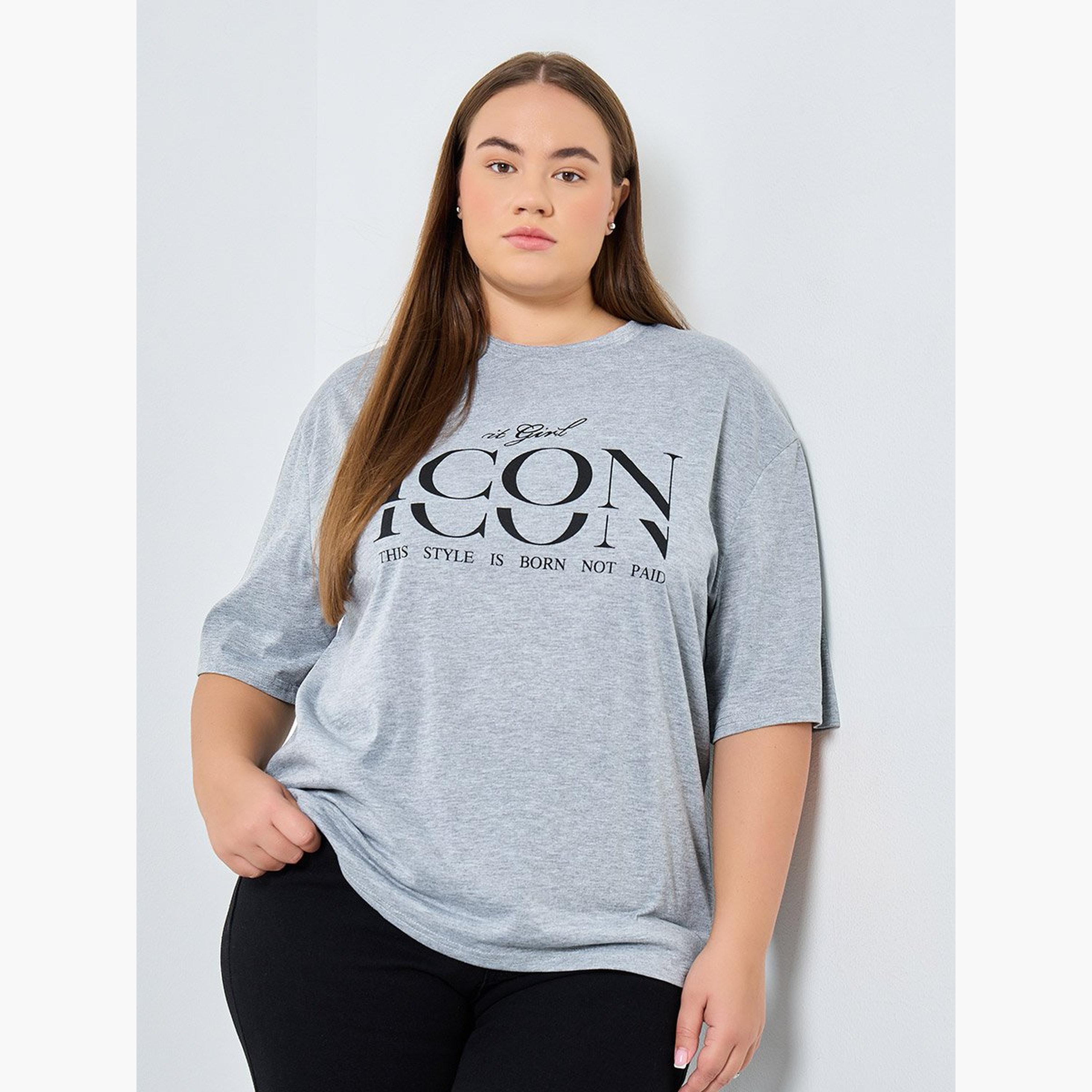 Styli Plus Size Grey Graphic Print T-Shirt-women-clothing-tshirts-image-1