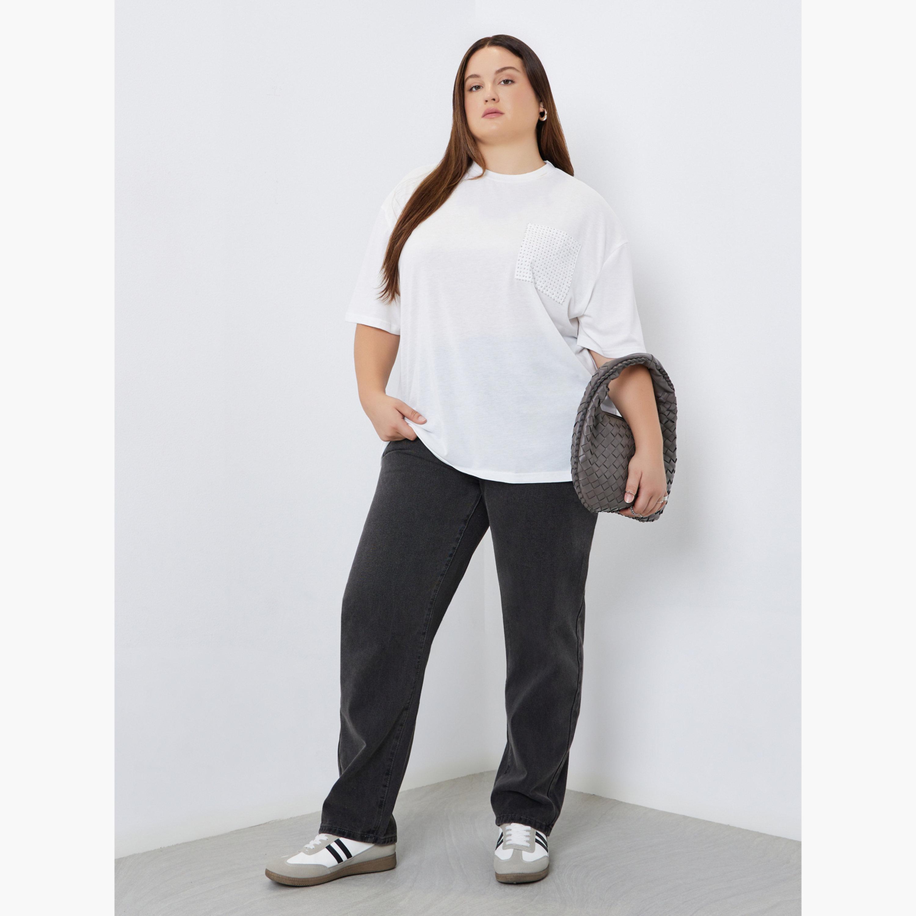 Styli Plus Size White Studded Pocket Detail T-Shirt-women-clothing-tshirts-image-2