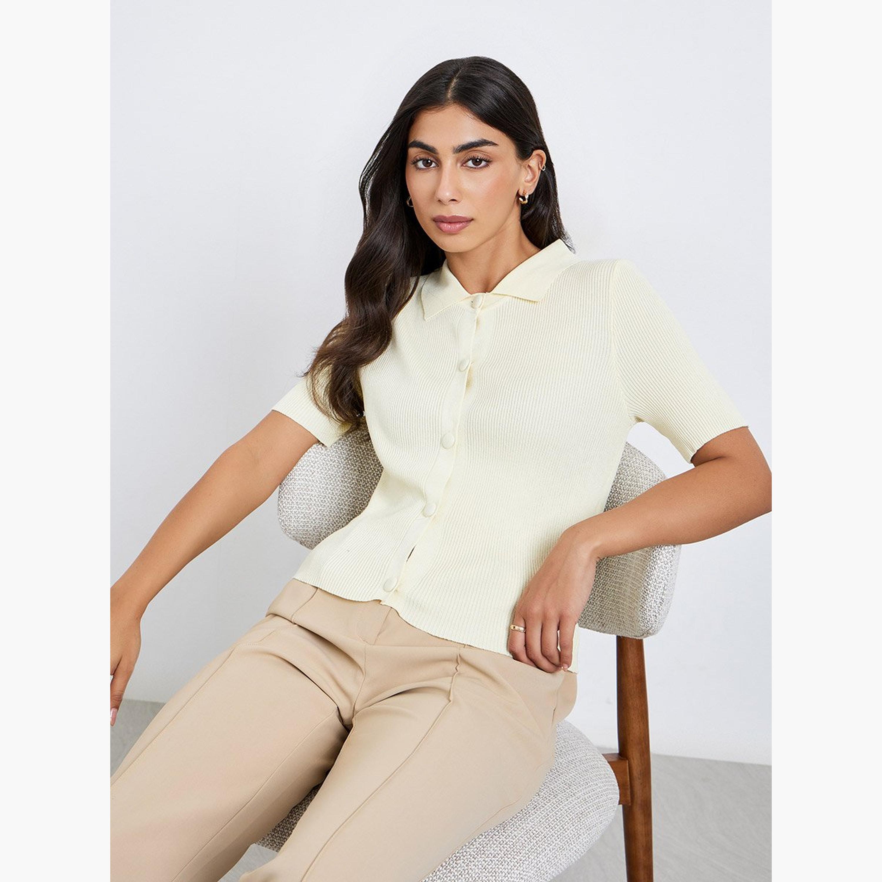 Take Two Yellow Knit Short Sleeve Polo Top-women-clothing-shirtsandblouses-shirts-image-1