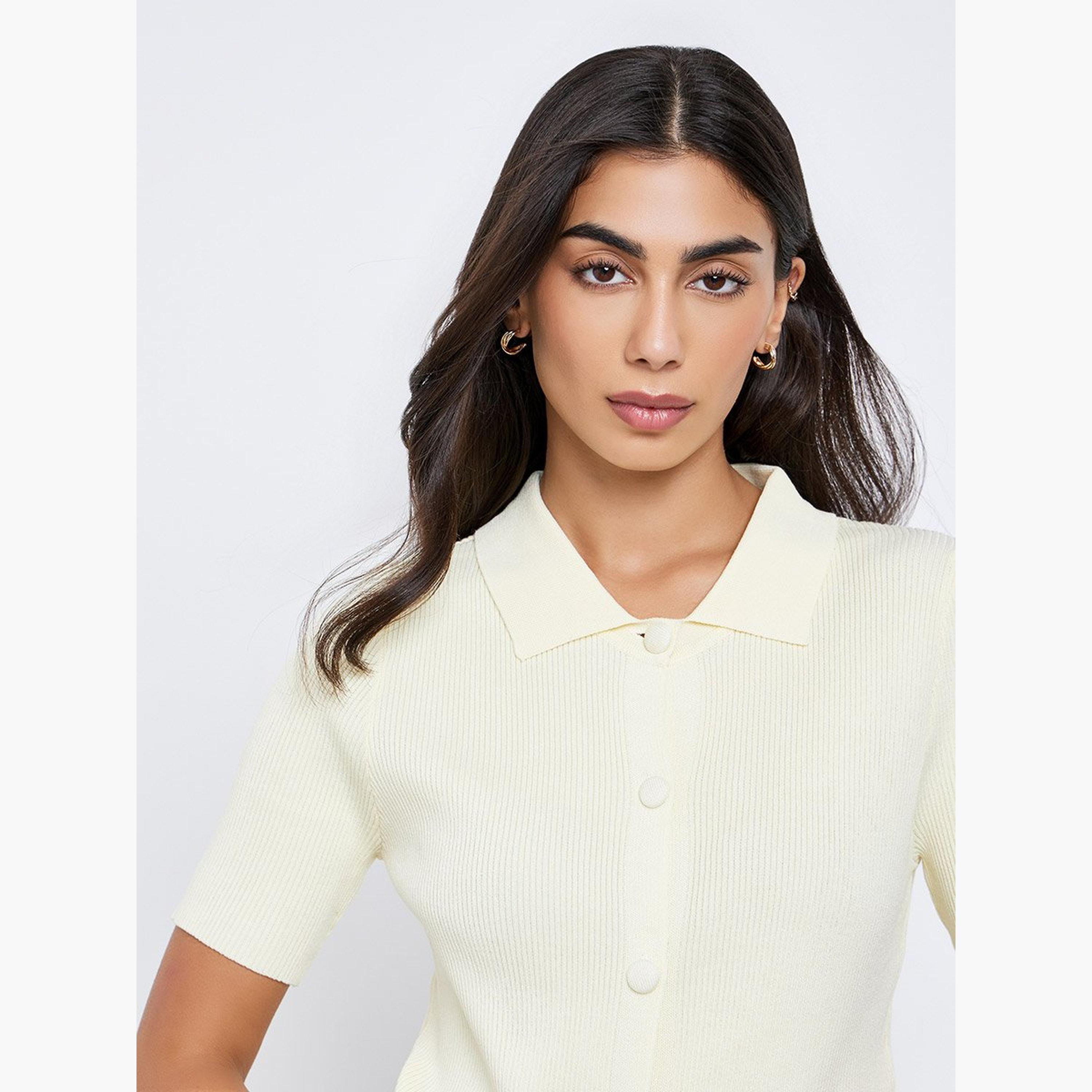 Take Two Yellow Knit Short Sleeve Polo Top-women-clothing-shirtsandblouses-shirts-image-3