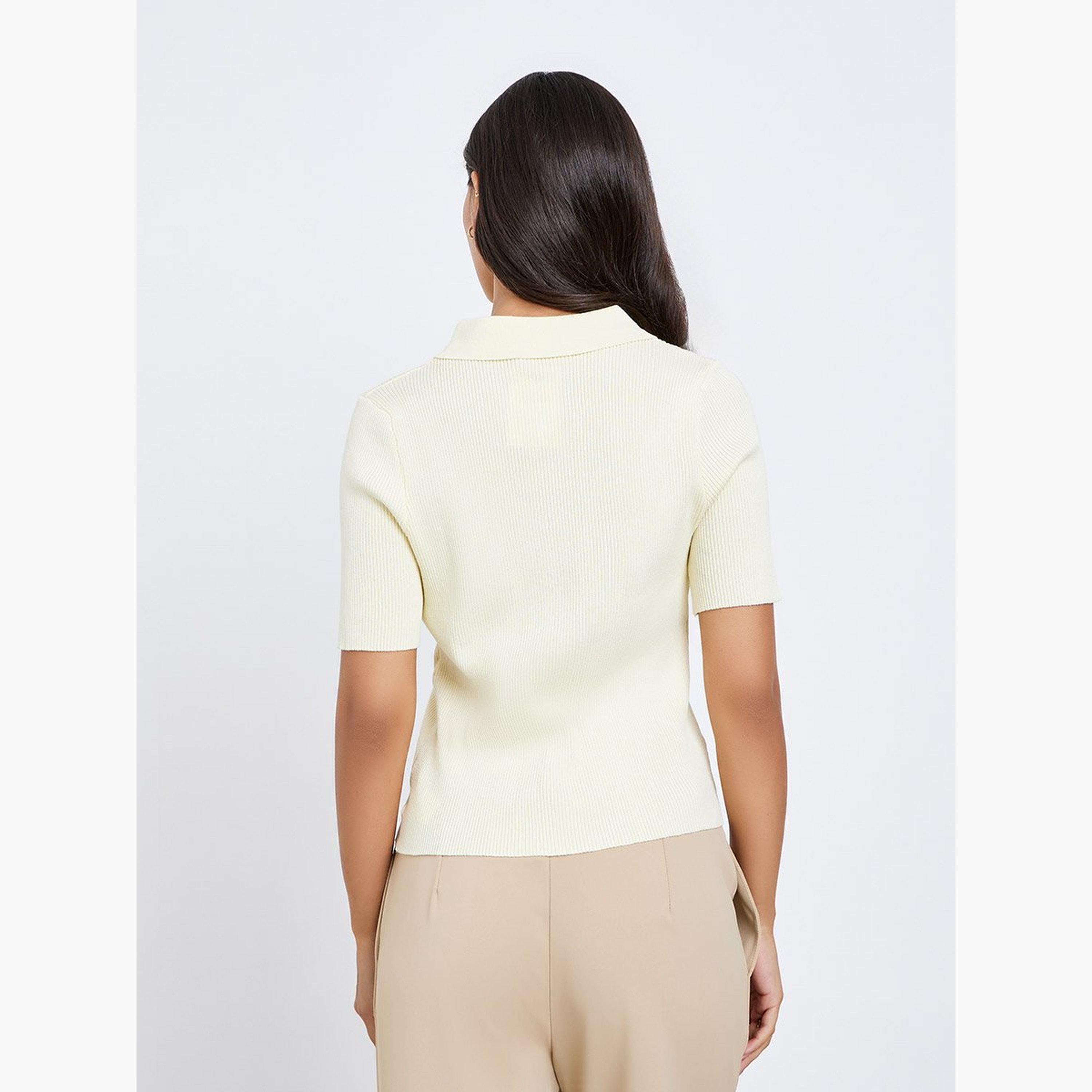 تيك تو - قميص بولو أصفر محبوك بأكمام قصيرة-women-clothing-shirtsandblouses-shirts-image-4