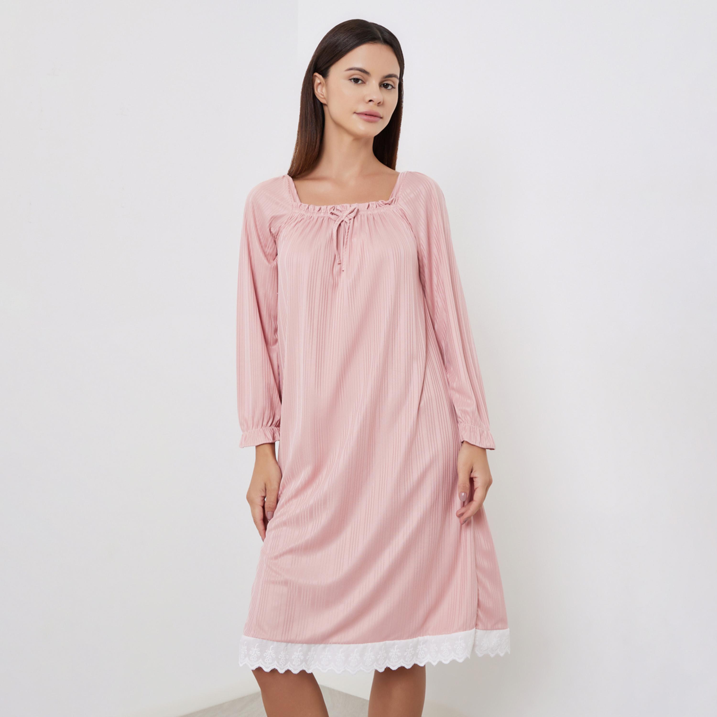 Take Two Pink Long Sleeve Nightdress with Lace Trim-women-clothing-nightwear-nighties-image-1