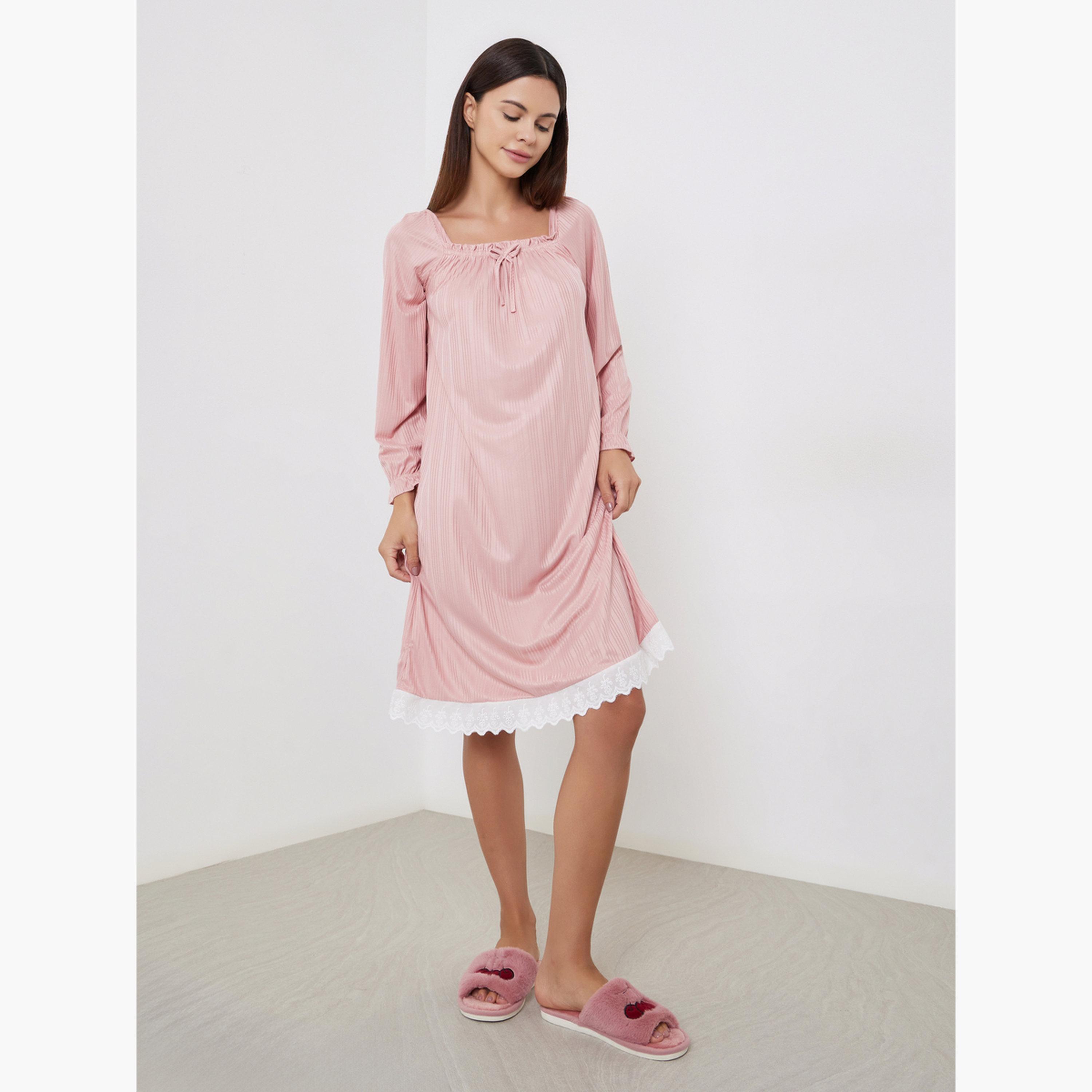 Take Two Pink Long Sleeve Nightdress with Lace Trim-women-clothing-nightwear-nighties-image-2