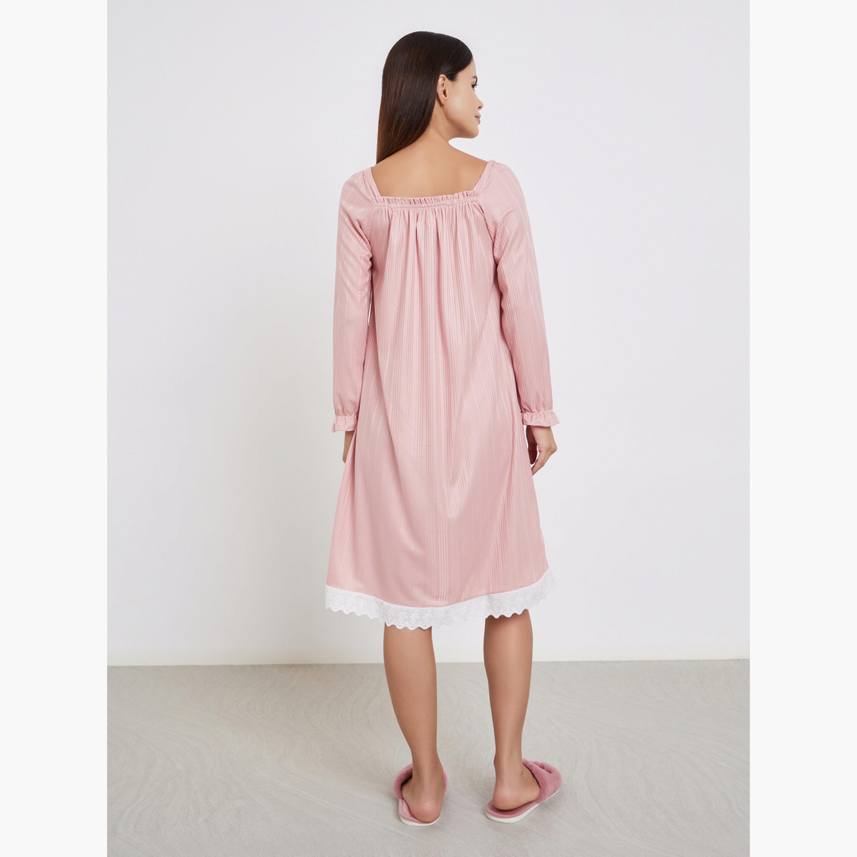Take Two Pink Long Sleeve Nightdress with Lace Trim-women-clothing-nightwear-nighties-image-3