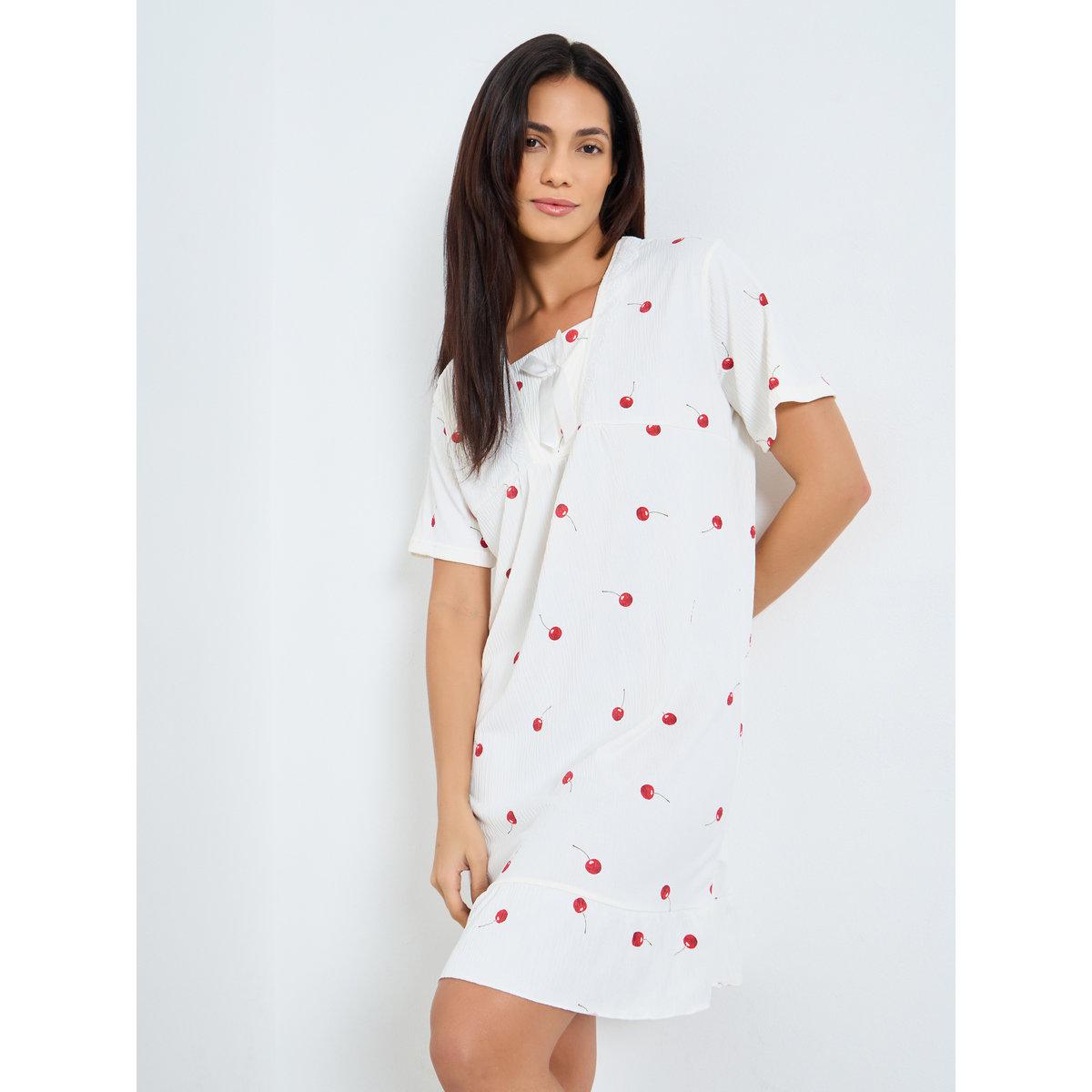 Styli Cherry Print Nightdress with Lace Bow Detail-women-clothing-nightwear-nighties-image-1