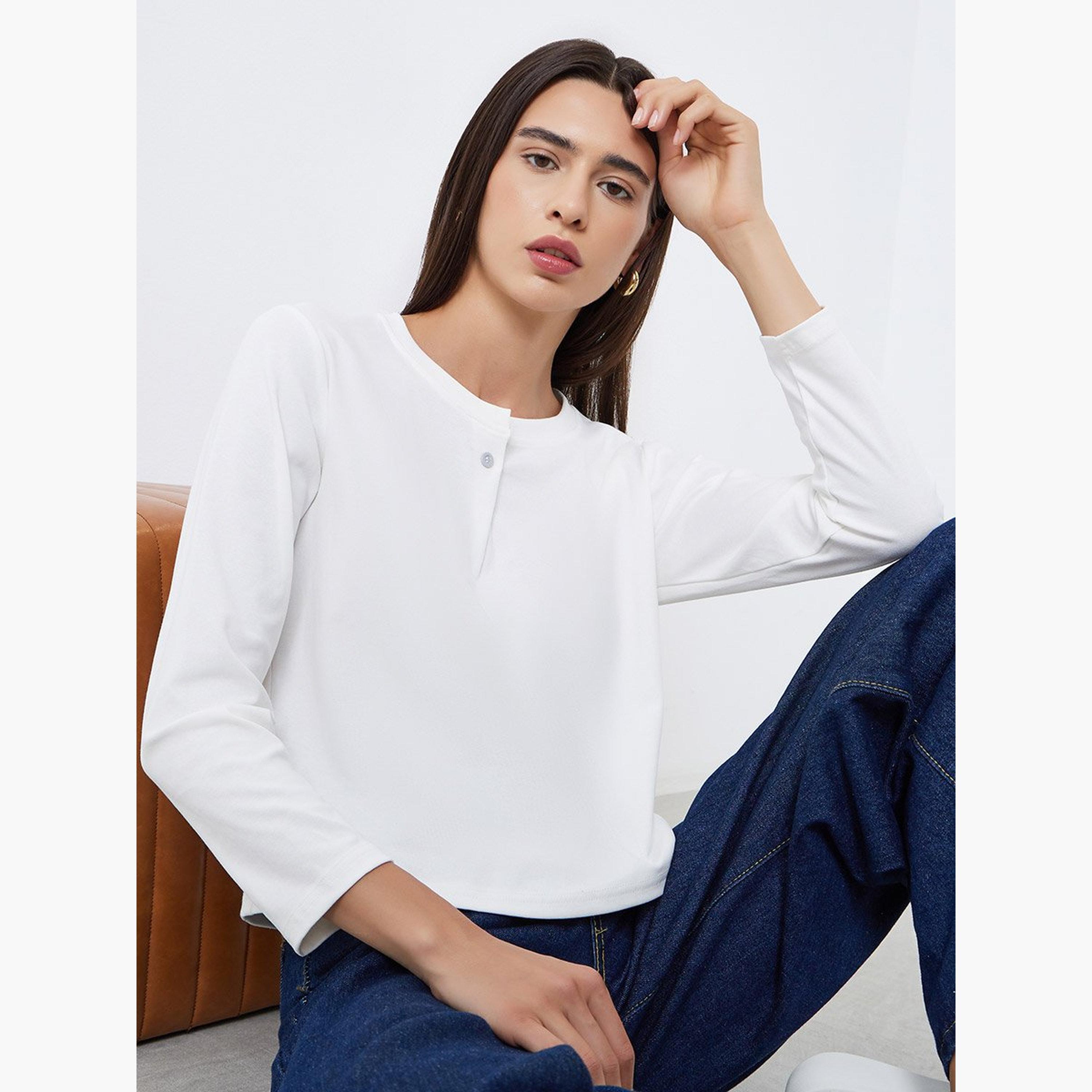 Take Two White Long Sleeve T-Shirt with Button Detail-women-clothing-tshirts-image-2