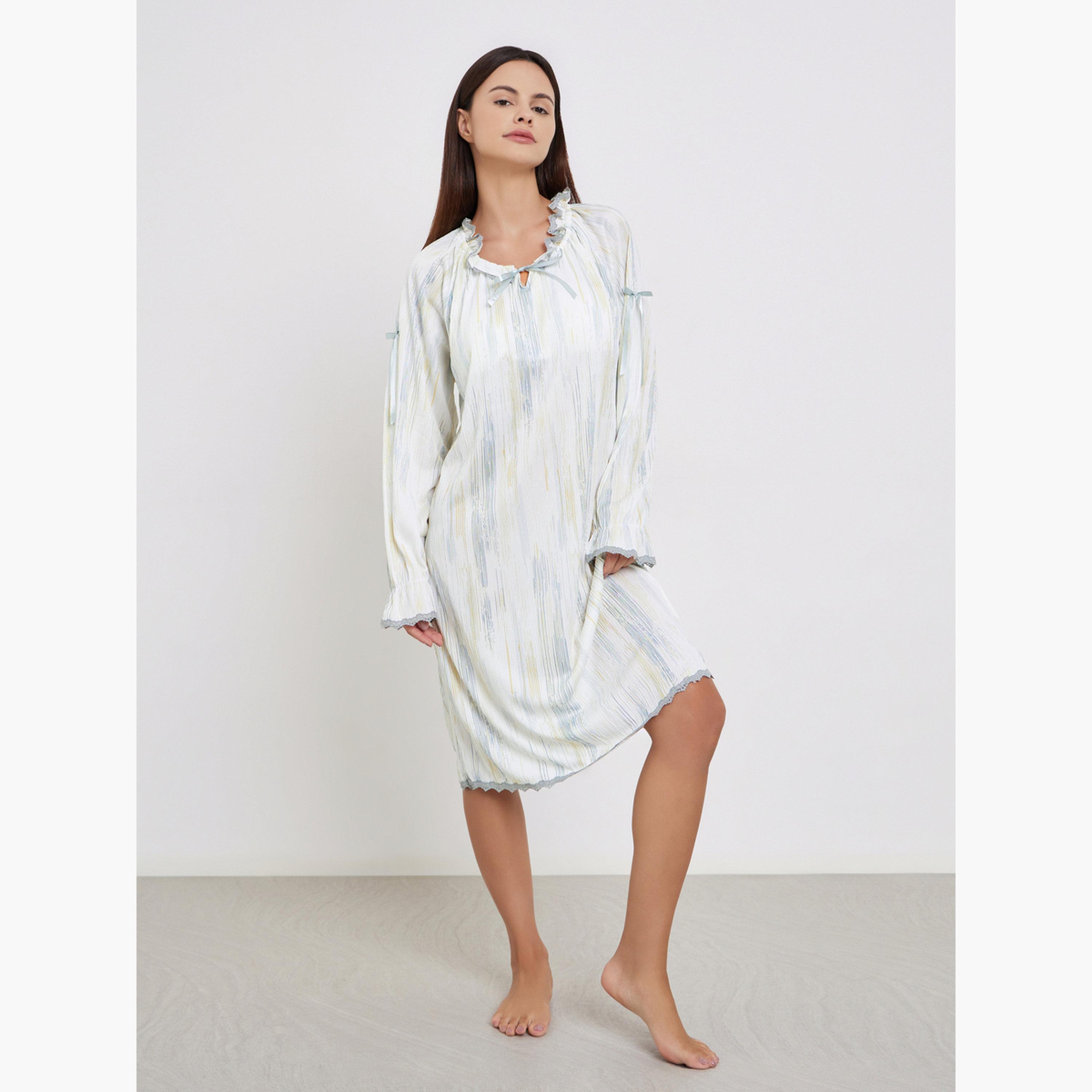 Take Two Printed Long Sleeve Nightdress with Lace Trim-women-clothing-nightwear-nighties-image-2