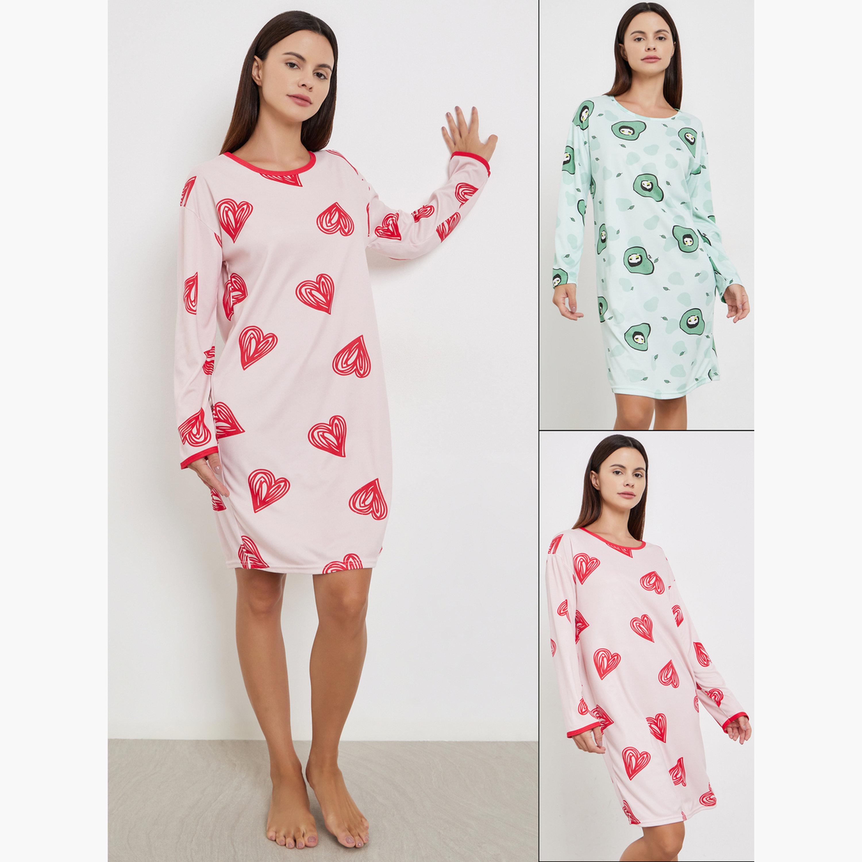 تيك تو - عبوة من قطعتين - قميص نوم بأكمام طويلة بطبعة جرافيكية-women-clothing-nightwear-nighties-image-1