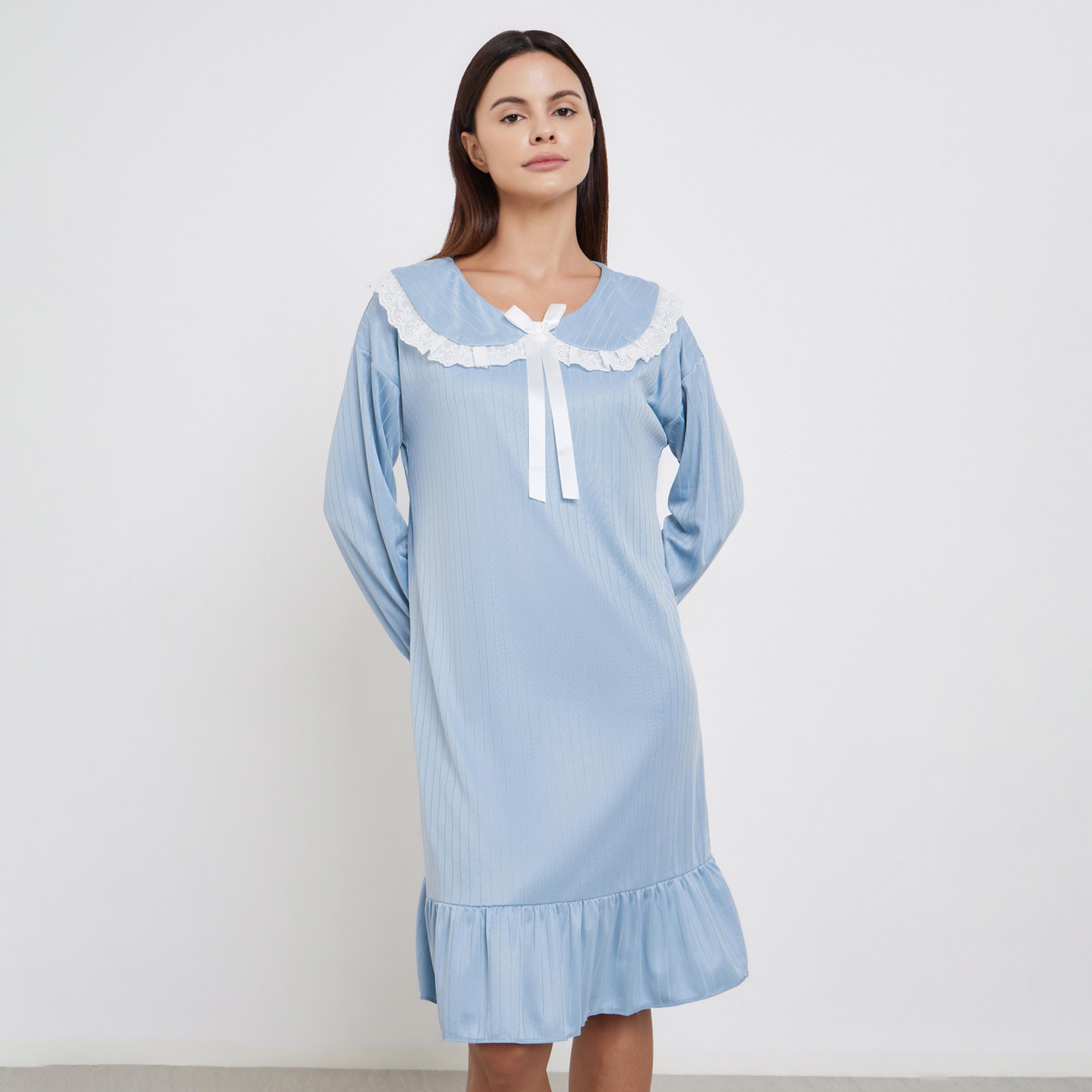 تيك تو - قميص نوم أزرق بأكمام طويلة وياقة من الدانتيل-women-clothing-nightwear-nighties-image-1
