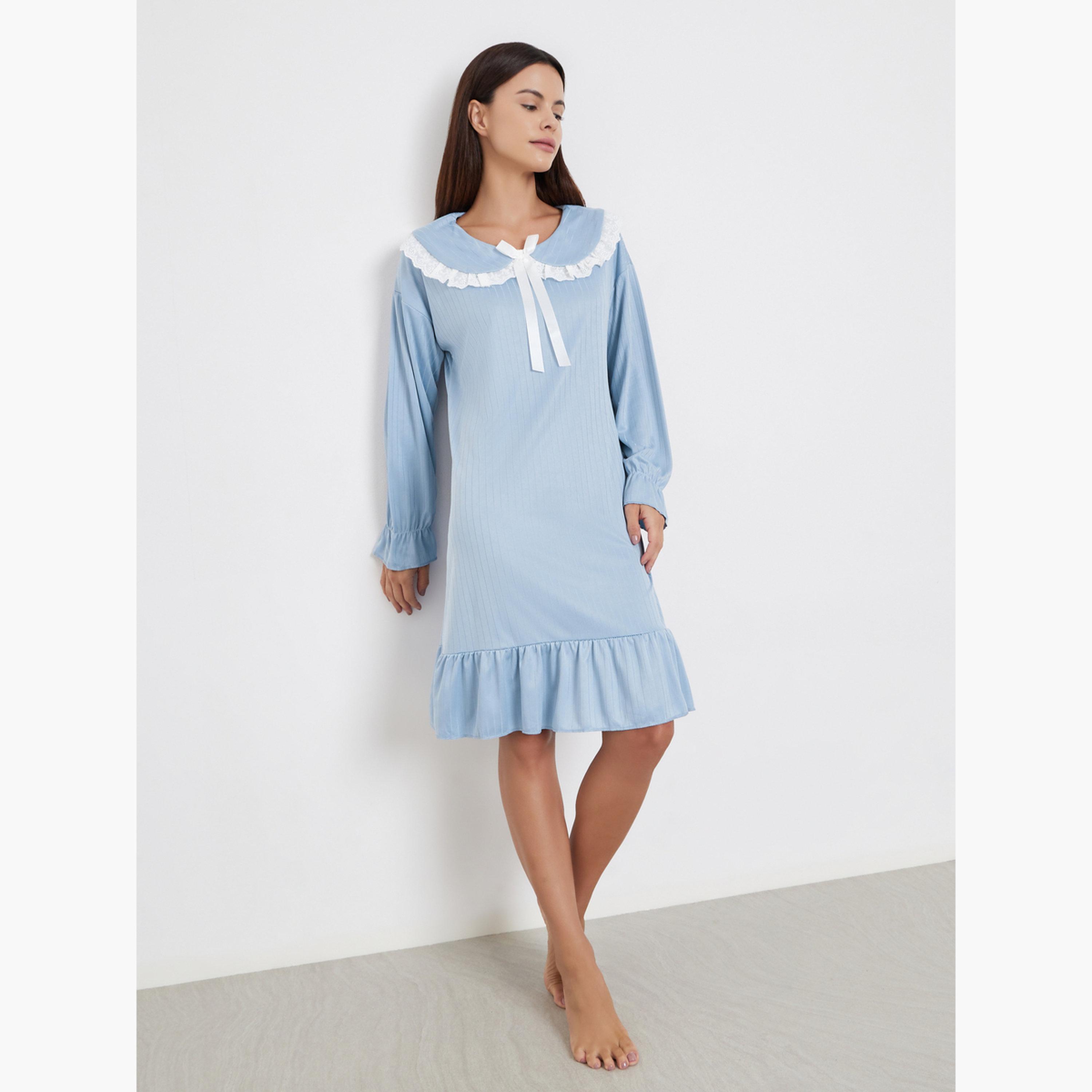 تيك تو - قميص نوم أزرق بأكمام طويلة وياقة من الدانتيل-women-clothing-nightwear-nighties-image-2