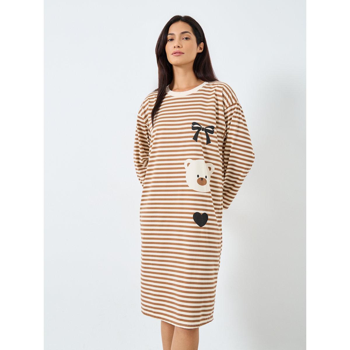 Styli Striped Bear Print Long Sleeve Nightdress-women-clothing-nightwear-nighties-image-2