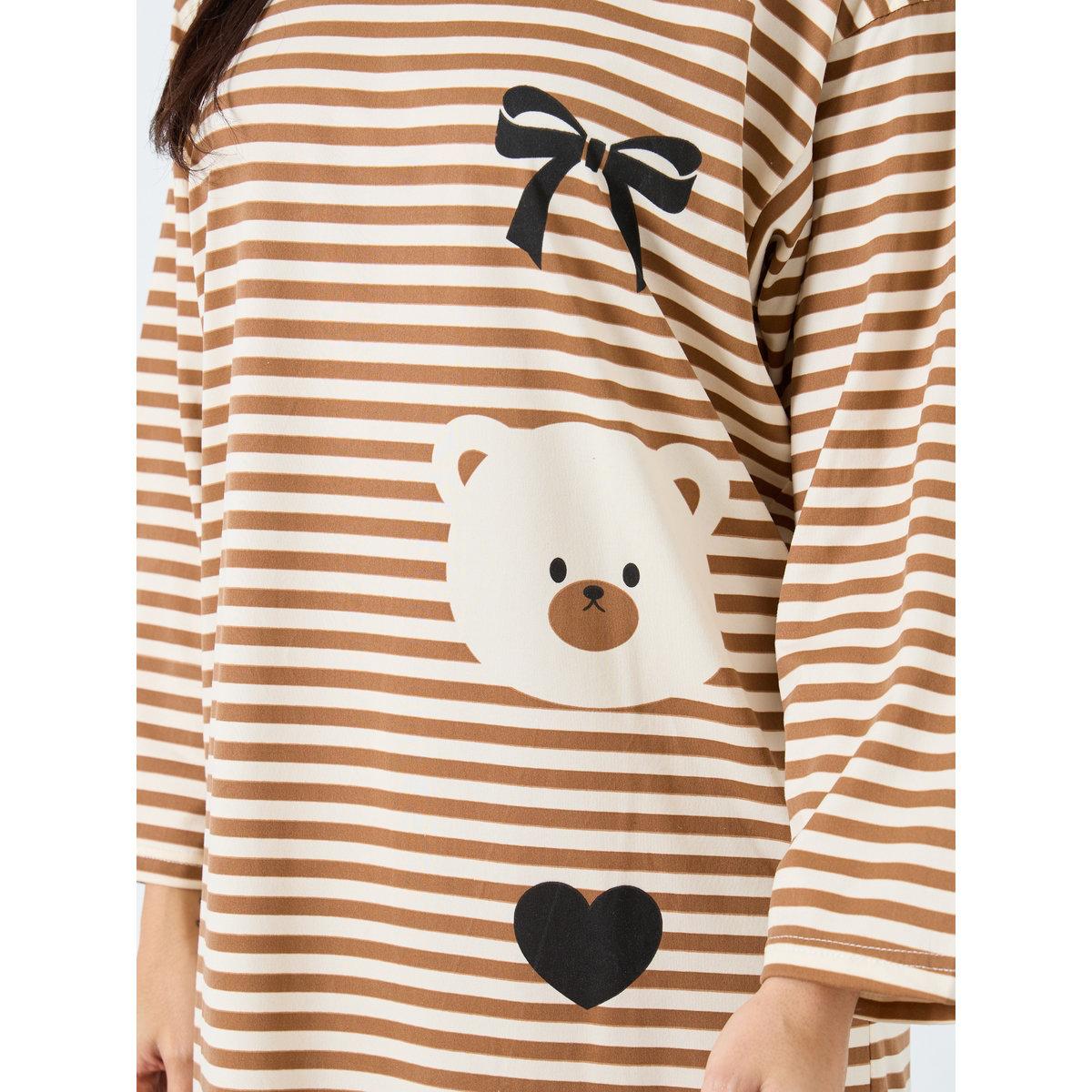 Styli Striped Bear Print Long Sleeve Nightdress-women-clothing-nightwear-nighties-image-3