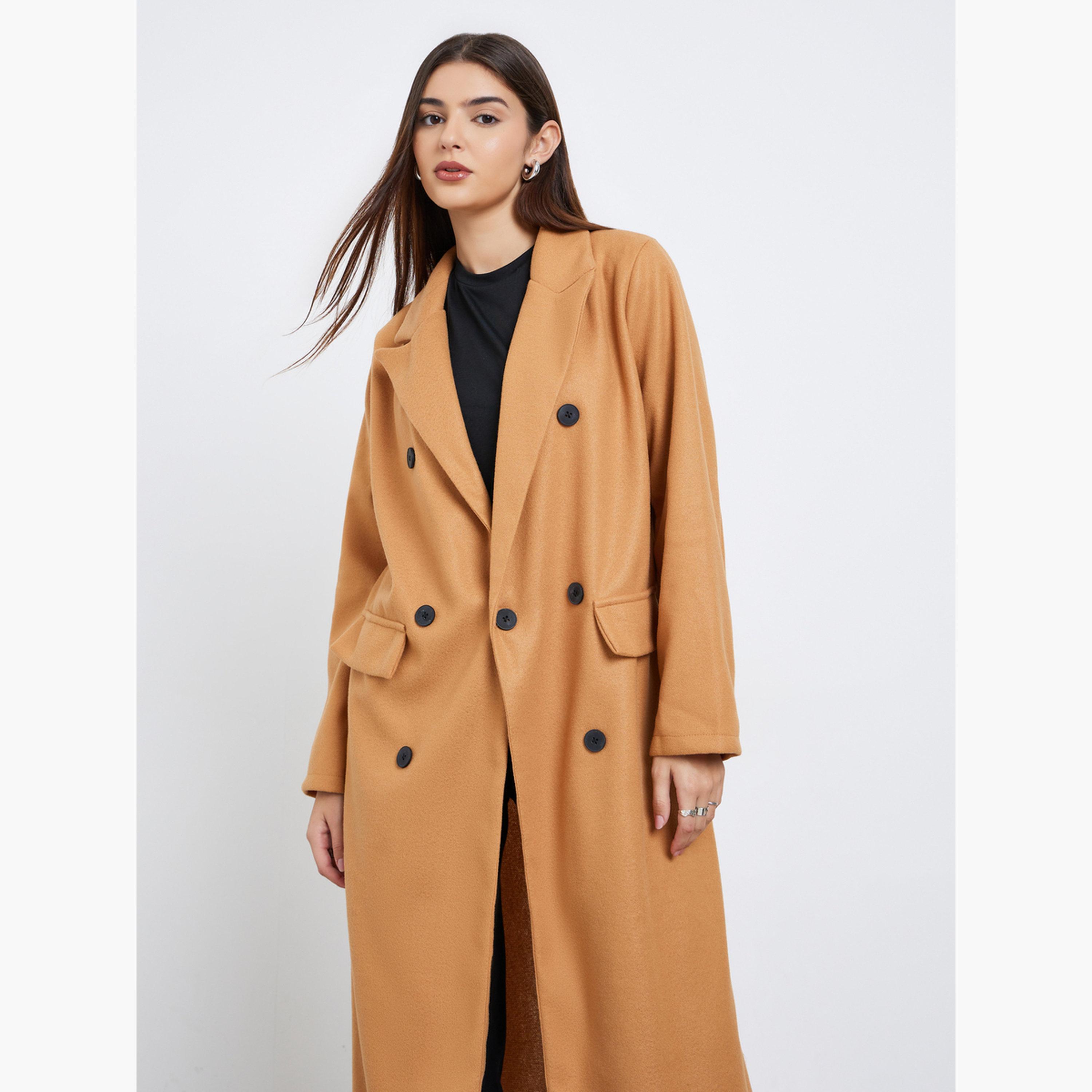 Styli Women Brown Wool Like Double Breasted Midi Coat-women-winterwear-coatsandjackets-coats-image-2