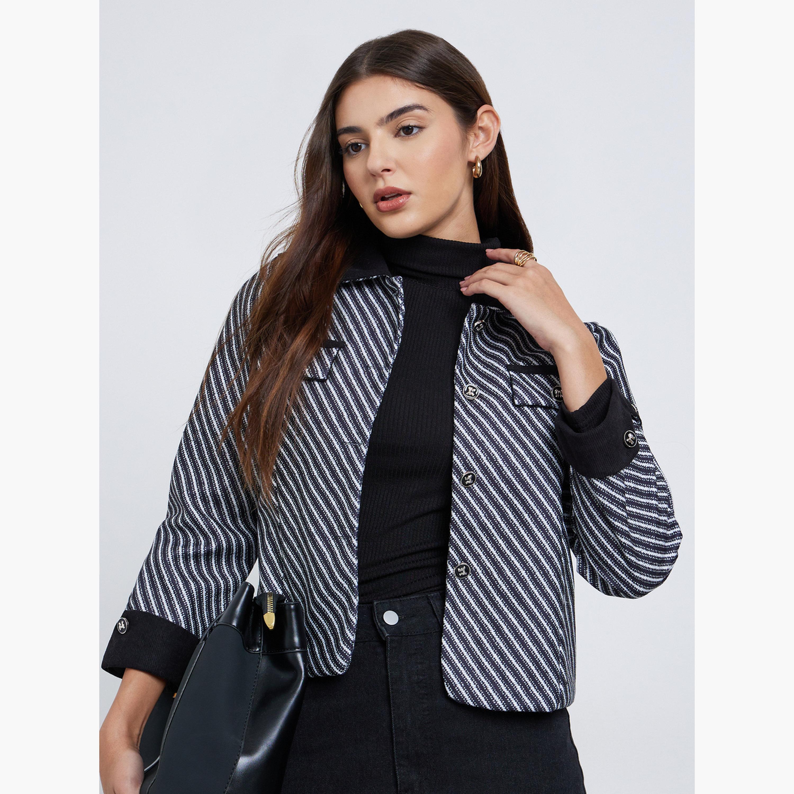 Styli Striped Tweed Look Collared Women's Button Through Trucker Jacket-women-winterwear-coatsandjackets-jackets-image-1
