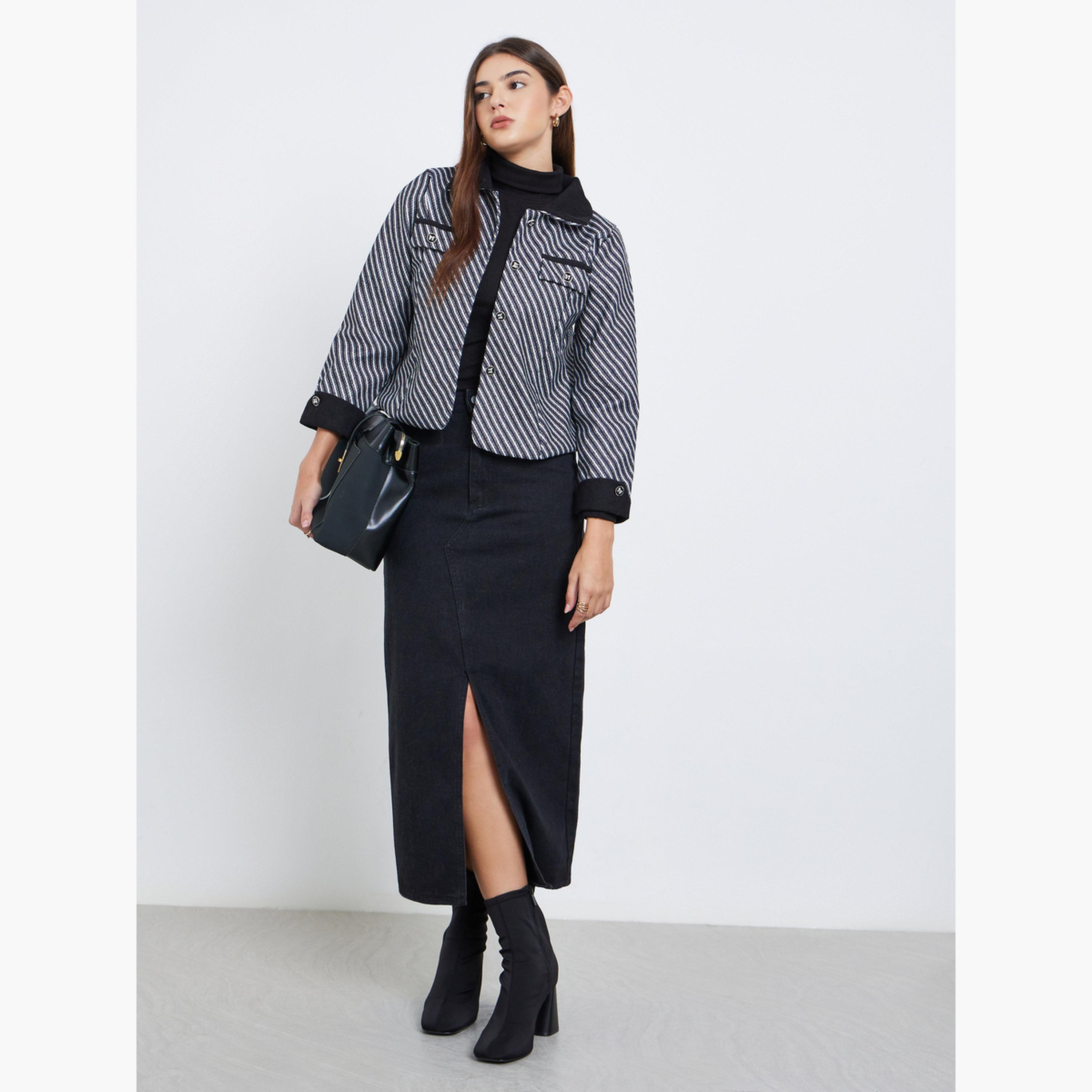 Styli Striped Tweed Look Collared Women's Button Through Trucker Jacket-women-winterwear-coatsandjackets-jackets-image-2