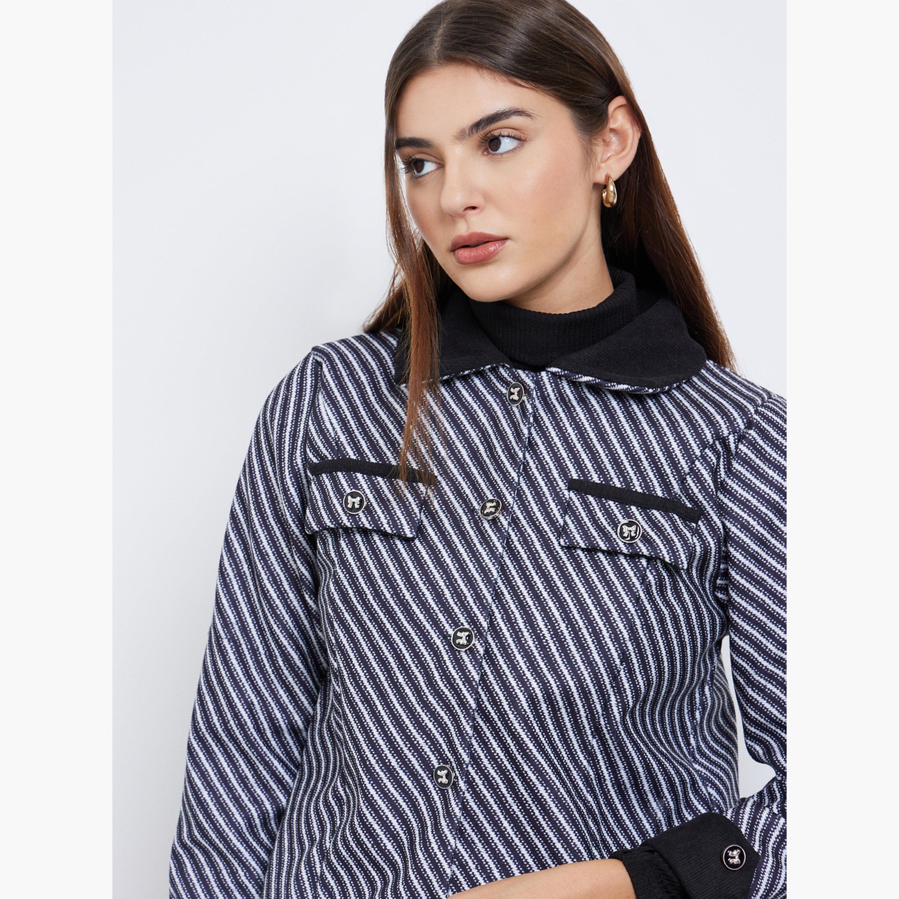 Styli Striped Tweed Look Collared Women's Button Through Trucker Jacket-women-winterwear-coatsandjackets-jackets-image-3