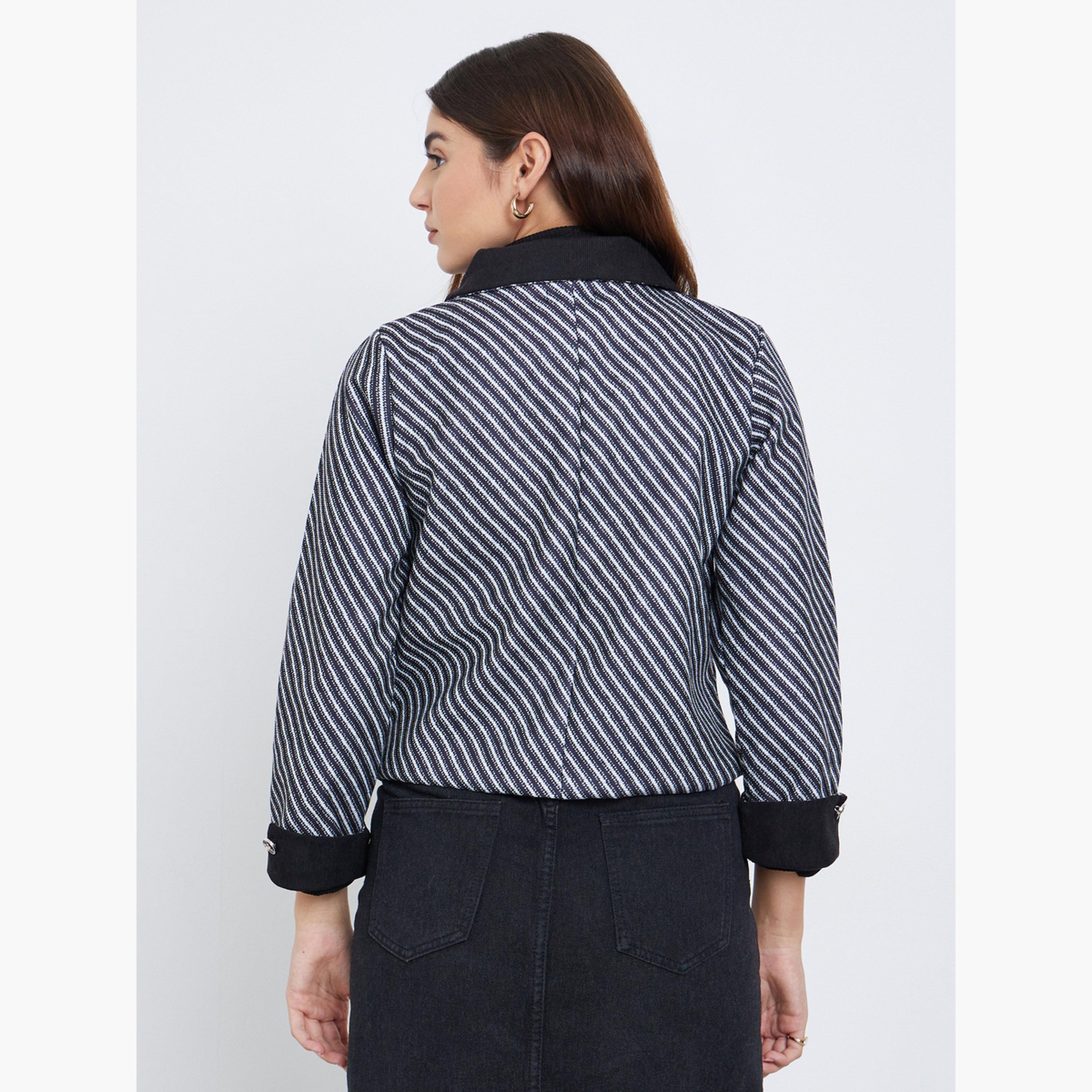 Styli Striped Tweed Look Collared Women's Button Through Trucker Jacket-women-winterwear-coatsandjackets-jackets-image-4