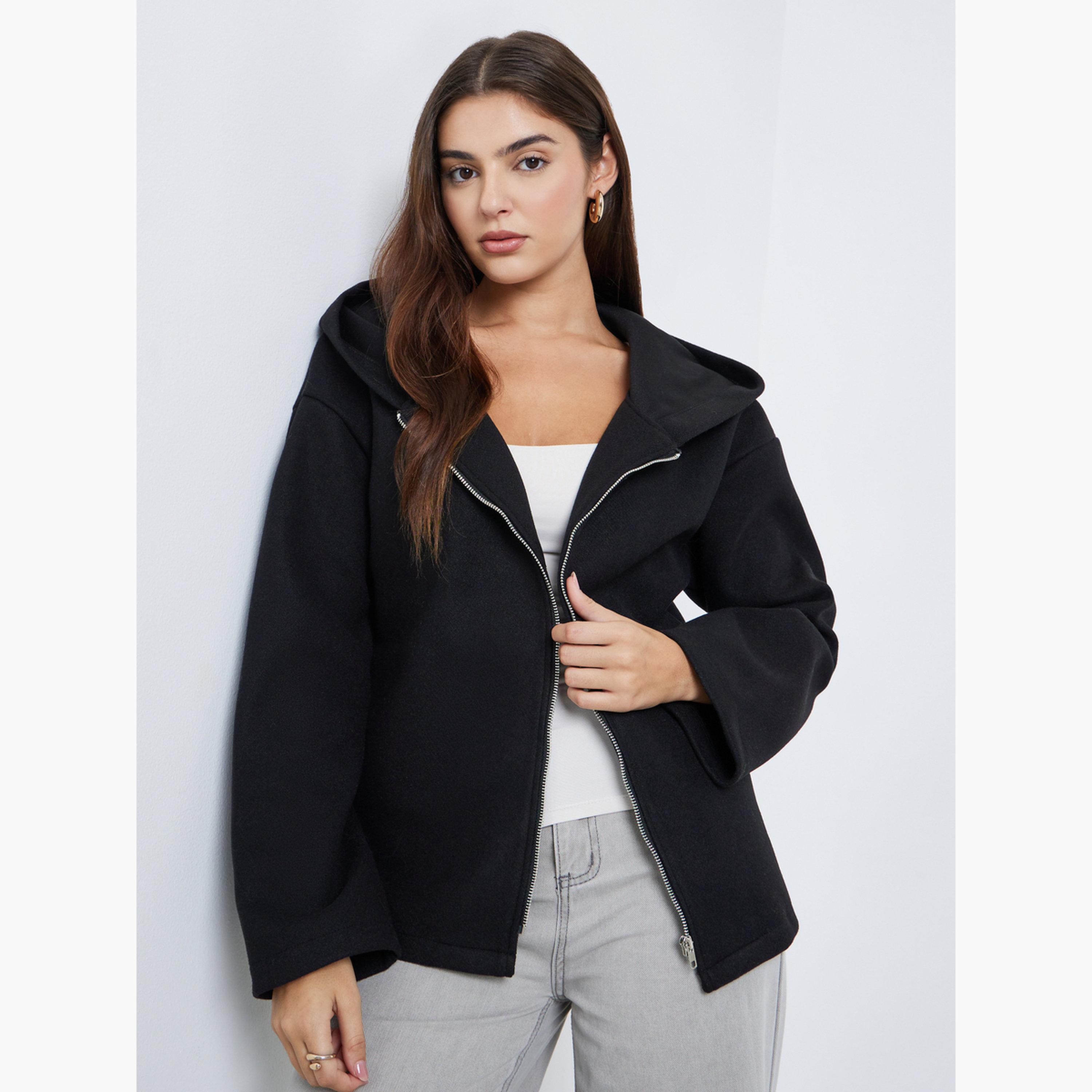 ستايلي - سترة بومبر سوداء تصميم واسع مصنوعة من الصوف للنساء -women-clothing-hoodiesandsweatshirts-hoodies-image-1