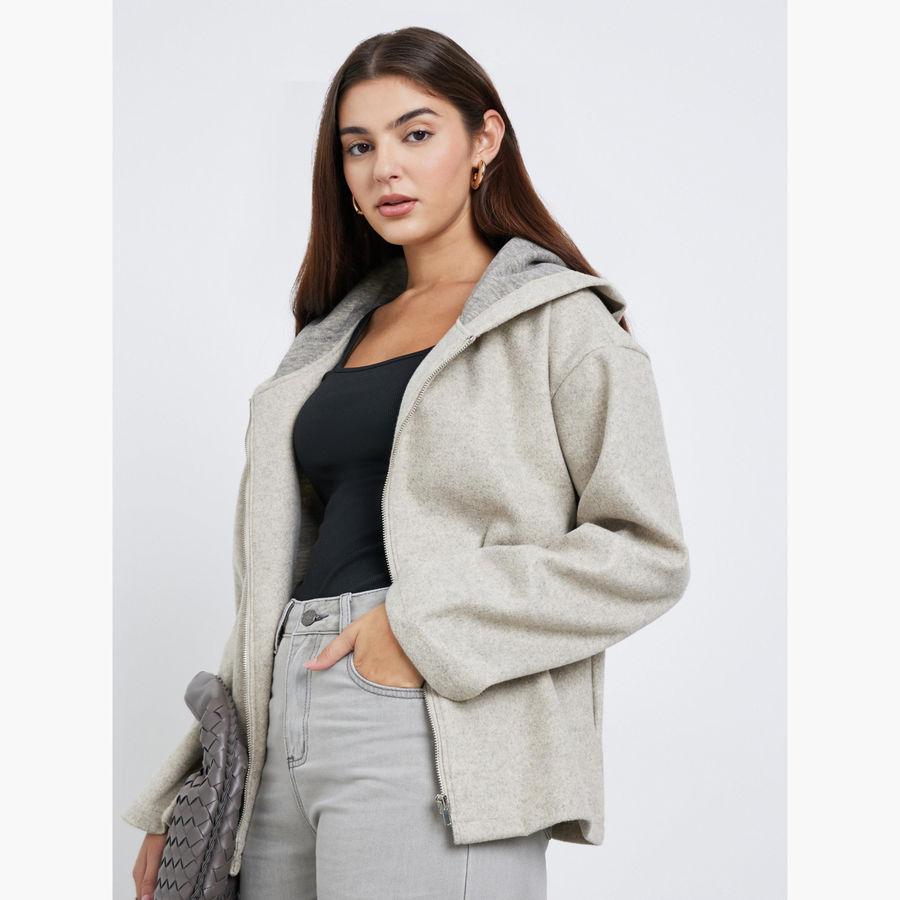 ستايلي - جاكيت بومبر تصميم واسع من الصوف باللون البيج للنساء -women-clothing-hoodiesandsweatshirts-hoodies-image-1