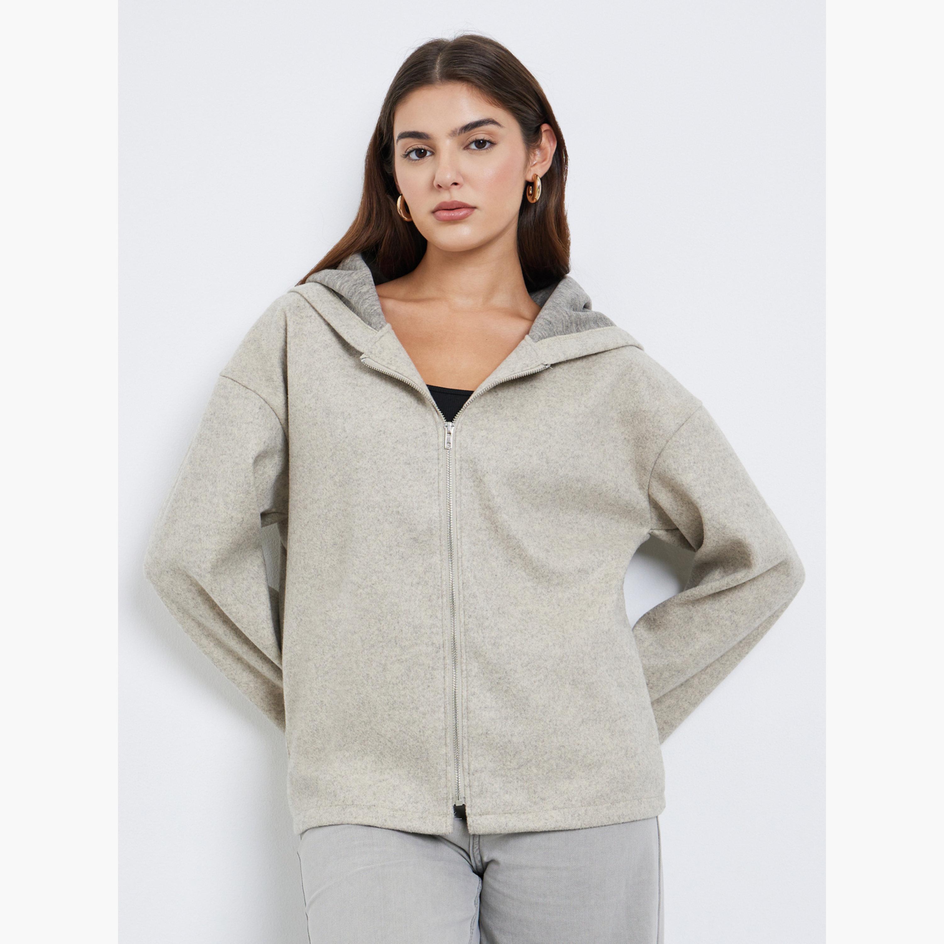 ستايلي - جاكيت بومبر تصميم واسع من الصوف باللون البيج للنساء -women-clothing-hoodiesandsweatshirts-hoodies-image-3