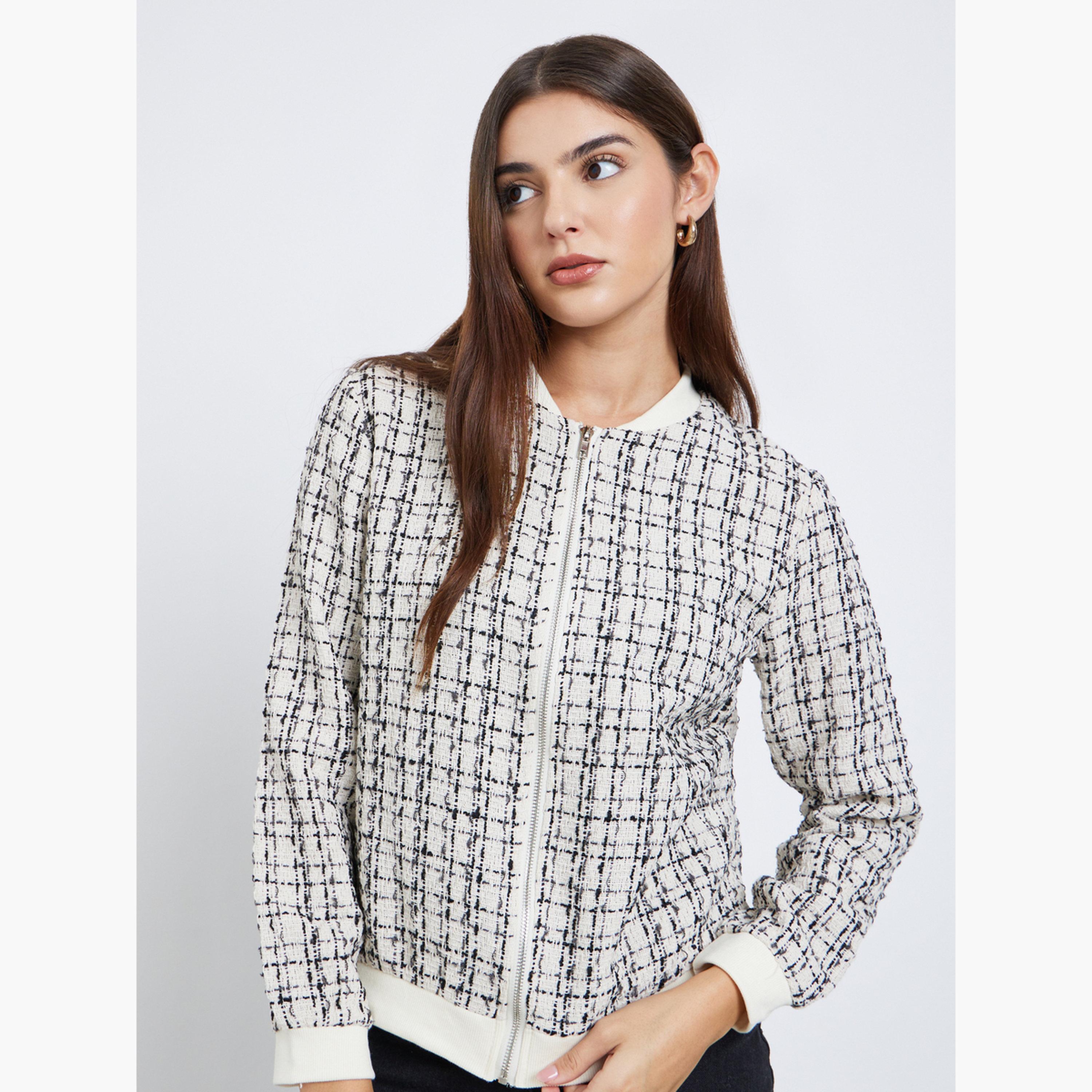 Styli Checked Tweed Look Round Neck Women's Button Through Jacket-women-winterwear-coatsandjackets-jackets-image-1