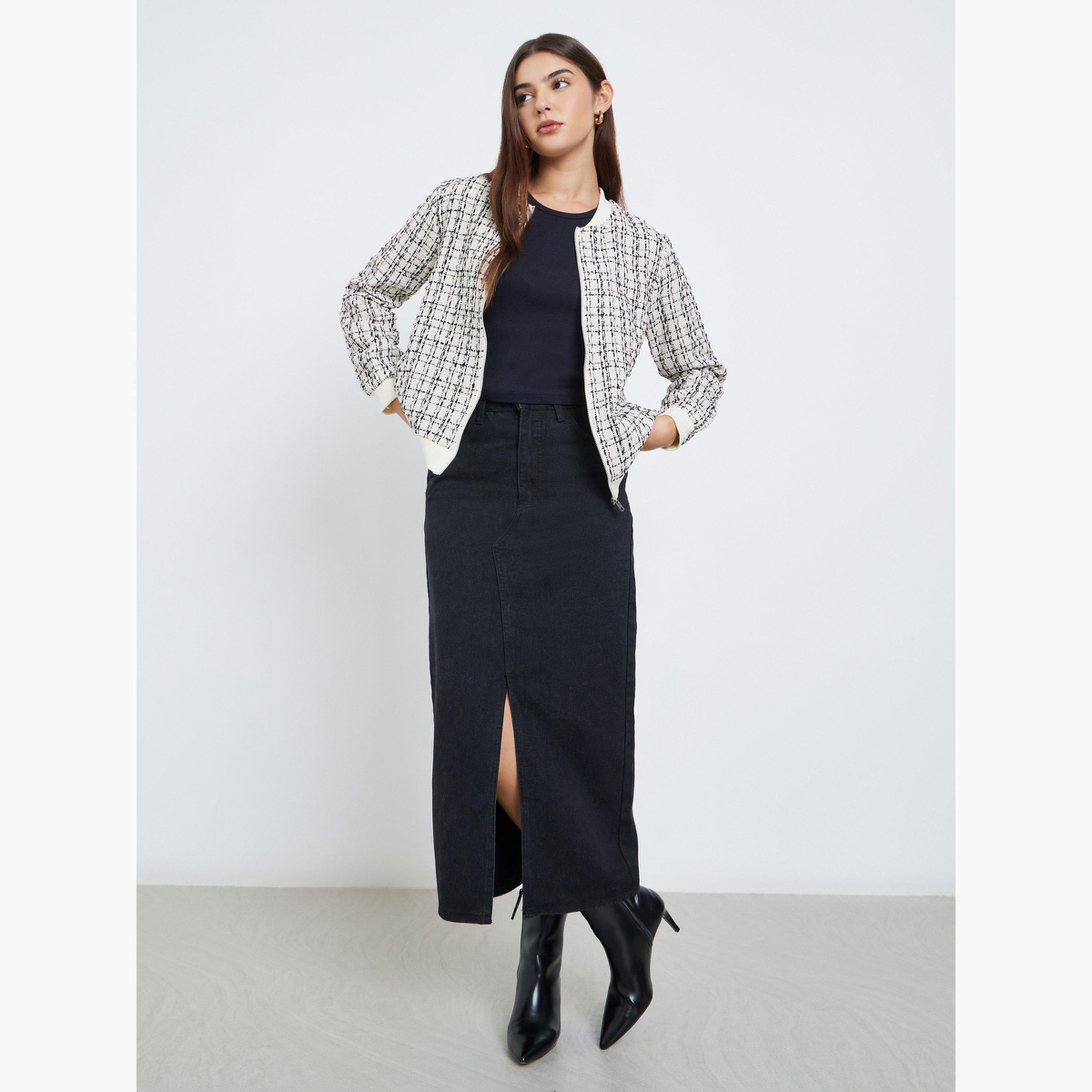 Styli Checked Tweed Look Round Neck Women's Button Through Jacket-women-winterwear-coatsandjackets-jackets-image-2
