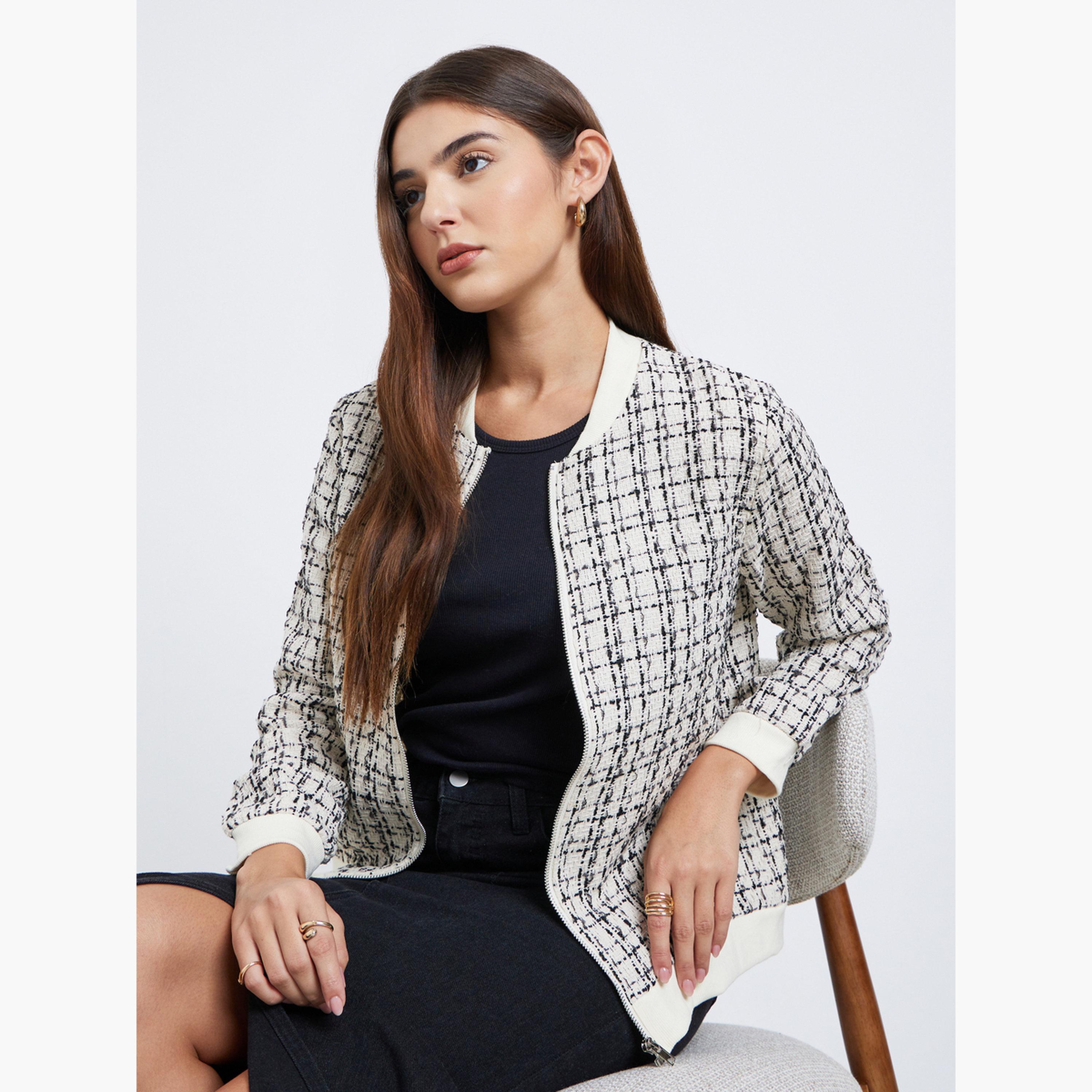 Styli Checked Tweed Look Round Neck Women's Button Through Jacket-women-winterwear-coatsandjackets-jackets-image-3