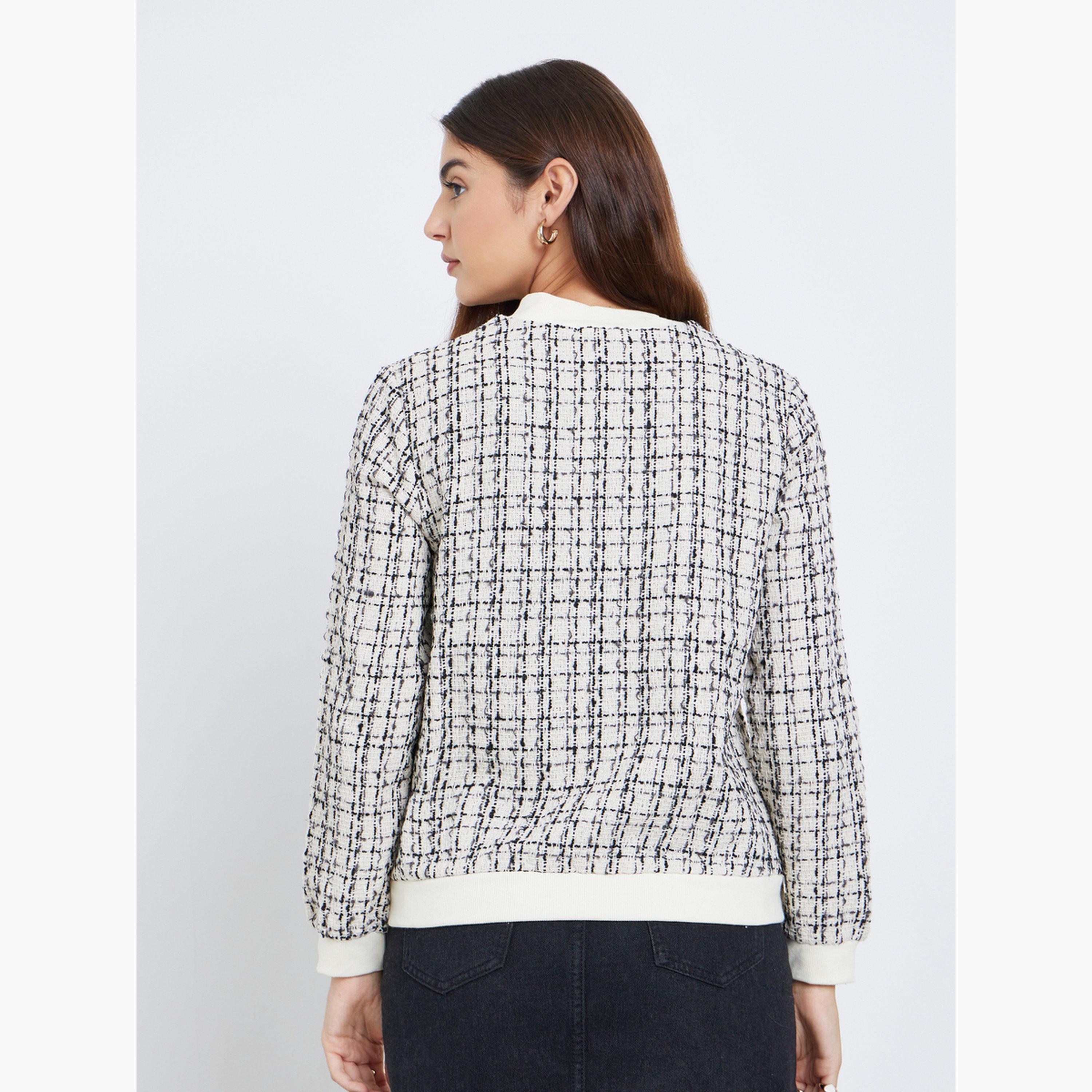 Styli Checked Tweed Look Round Neck Women's Button Through Jacket-women-winterwear-coatsandjackets-jackets-image-4
