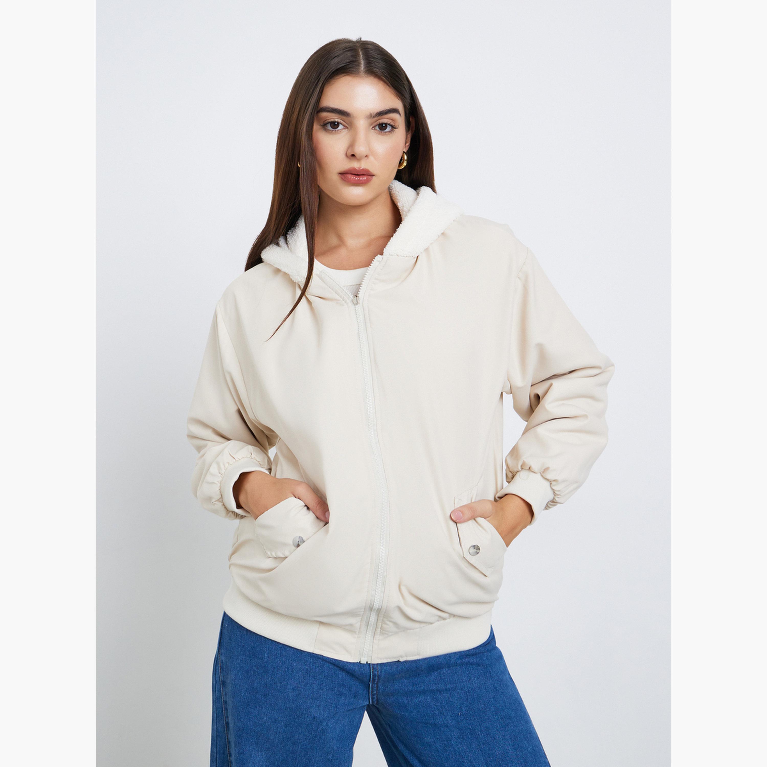 ستايلي - سترة بومبر بغطاء رأس باللون الكريمي للنساء -women-clothing-hoodiesandsweatshirts-hoodies-image-1