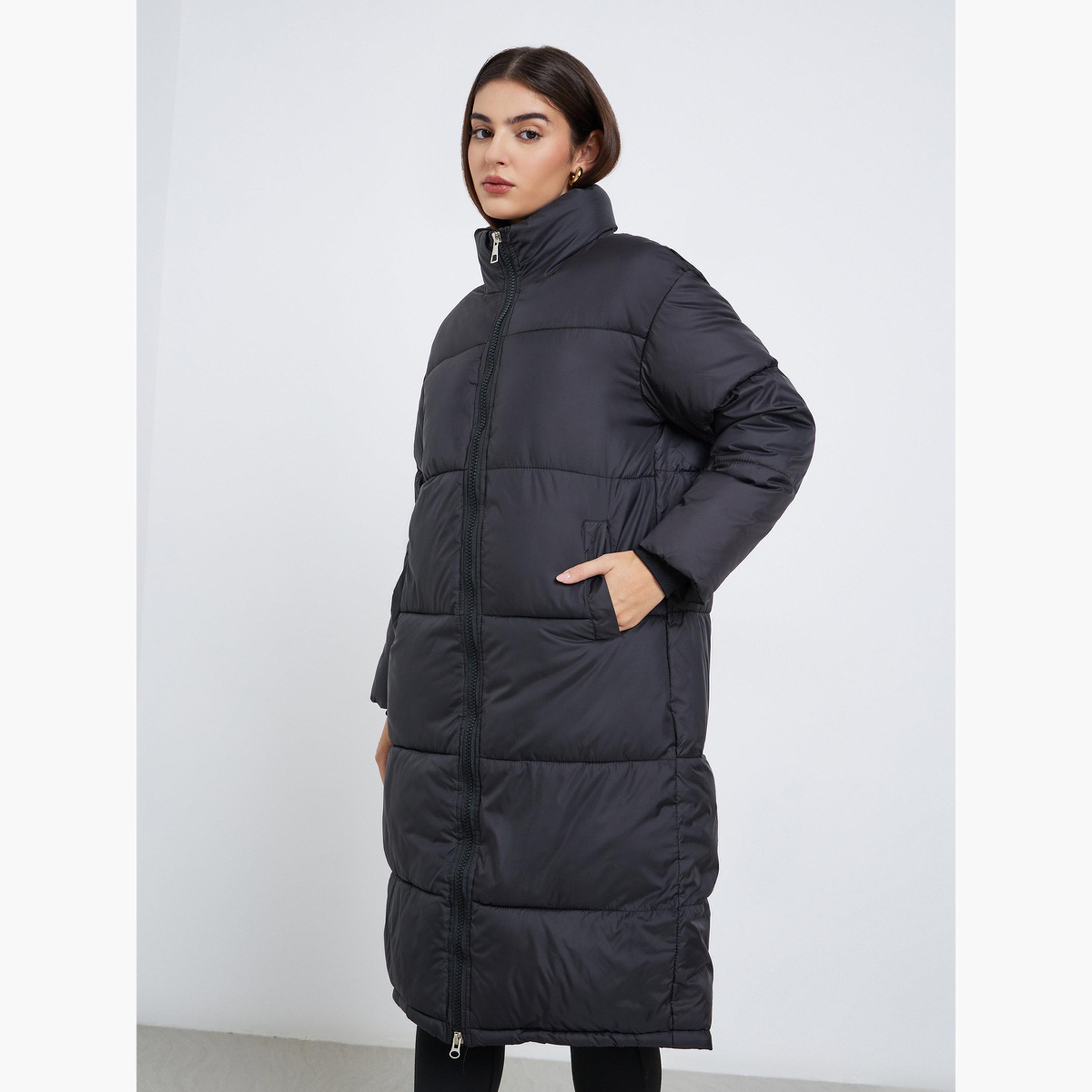 ستايلي - معطف مبطن تصميم واسع باللون الأسود مع جيوب جانبية للنساء -women-clothing-coatsandjackets-coats-image-1