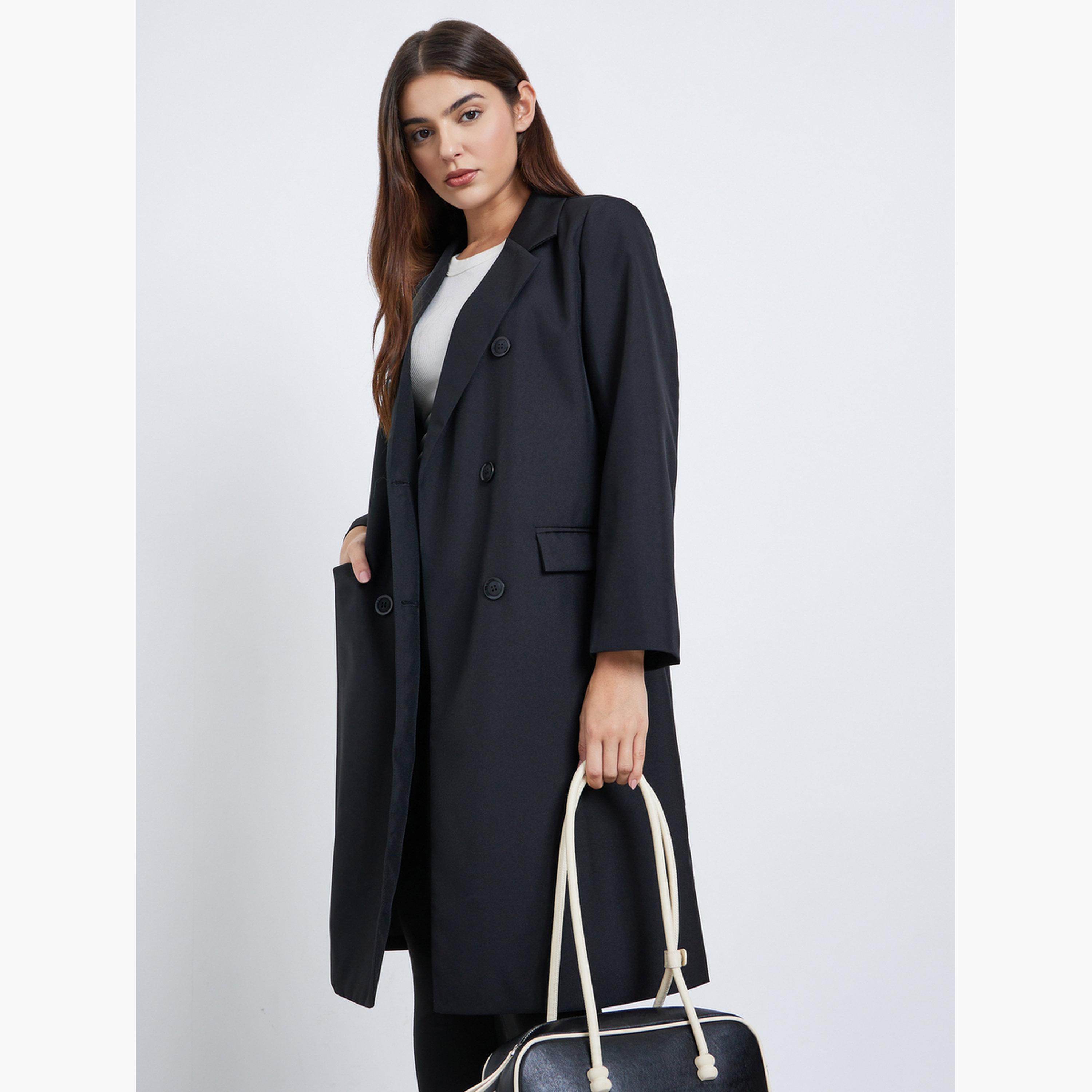 Styli Black Solid Hooded Neck Long Sleeves Knee-Length Women's Double Breasted Coat-women-clothing-coatsandjackets-coats-image-1