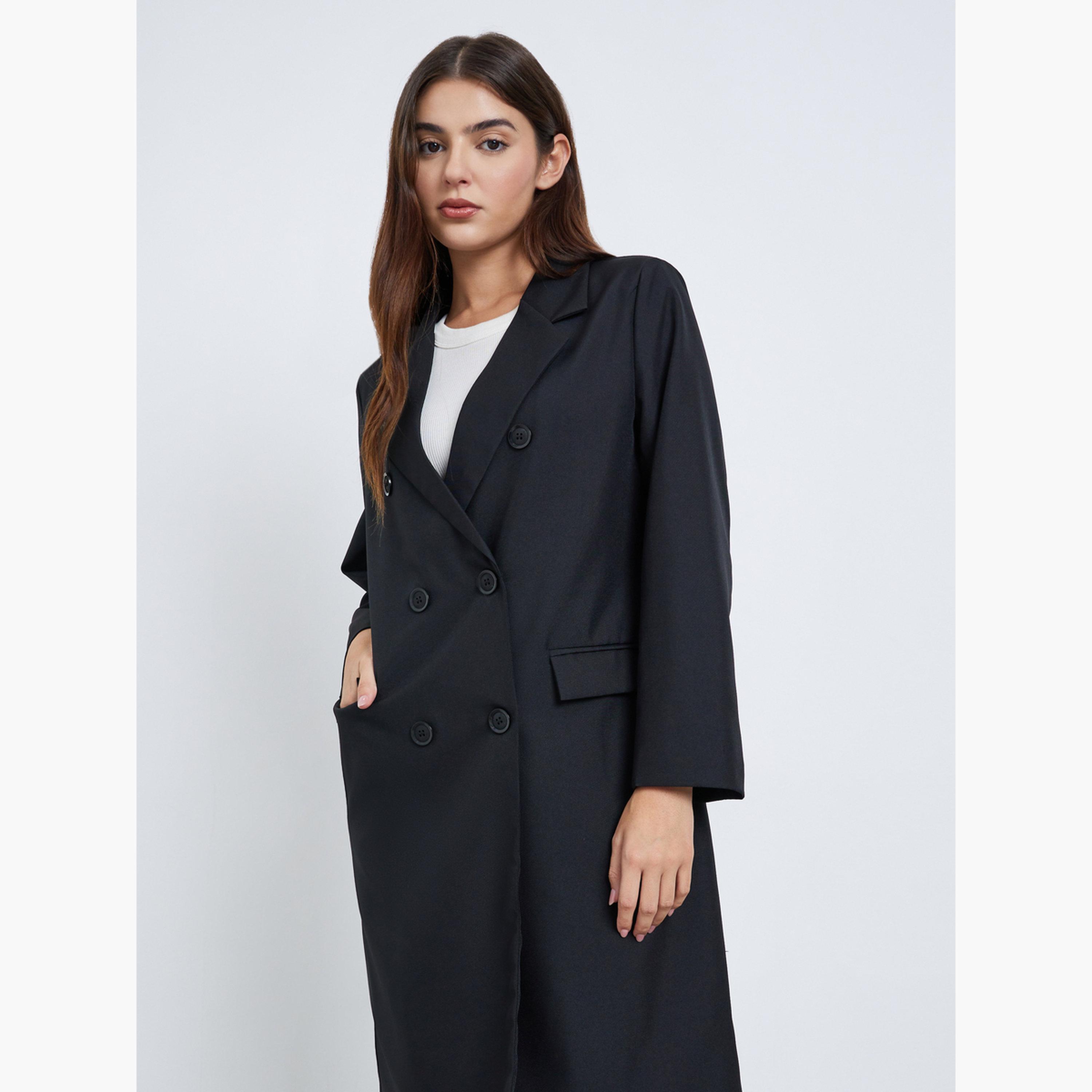 Styli Black Solid Hooded Neck Long Sleeves Knee-Length Women's Double Breasted Coat-women-clothing-coatsandjackets-coats-image-3