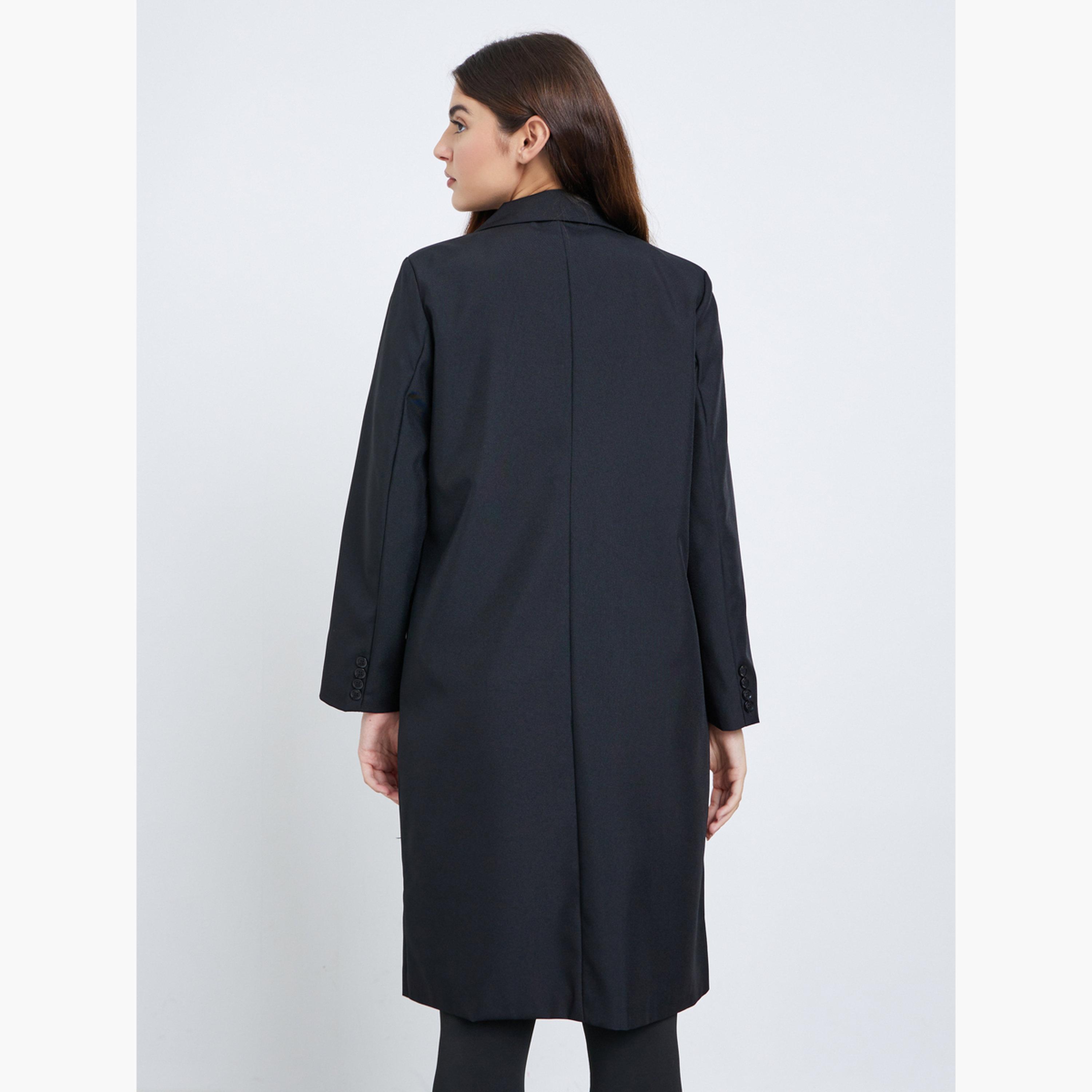 Styli Black Solid Hooded Neck Long Sleeves Knee-Length Women's Double Breasted Coat-women-clothing-coatsandjackets-coats-image-4